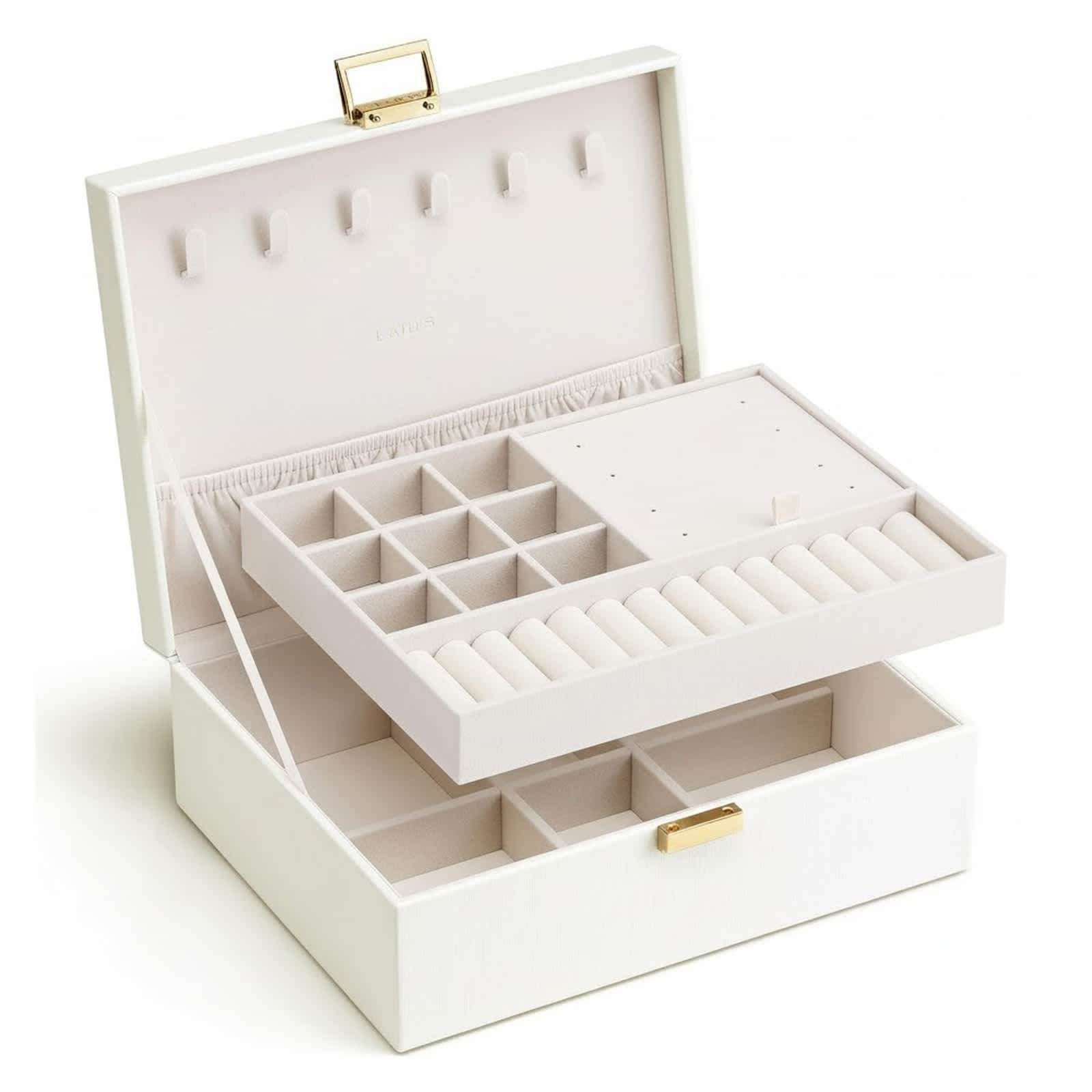 Aoibox Large 2 Layer Jewelry Box Organizer Cream White 9 in x 7.1 in x 3.3 in with Removable Tray and Detachable Partitions for Necklaces Earrings Rings 1 Piece #LAB1229J24