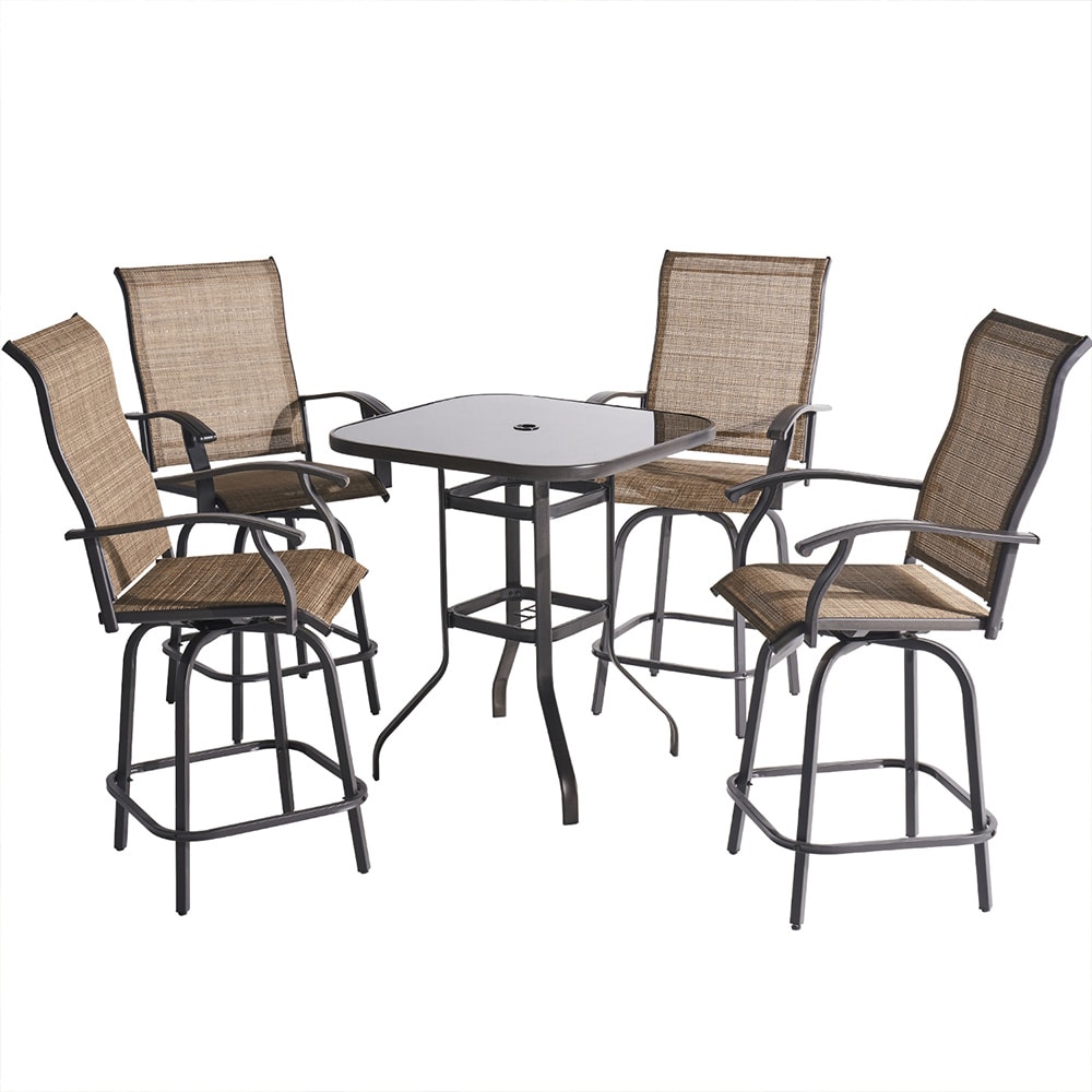 AOXUN G23004-ABB Swivel Bar Set with Table Set of 4 Woven Brown Iron Frame Swivel Bar Stool Chair with Brown Sling Seat