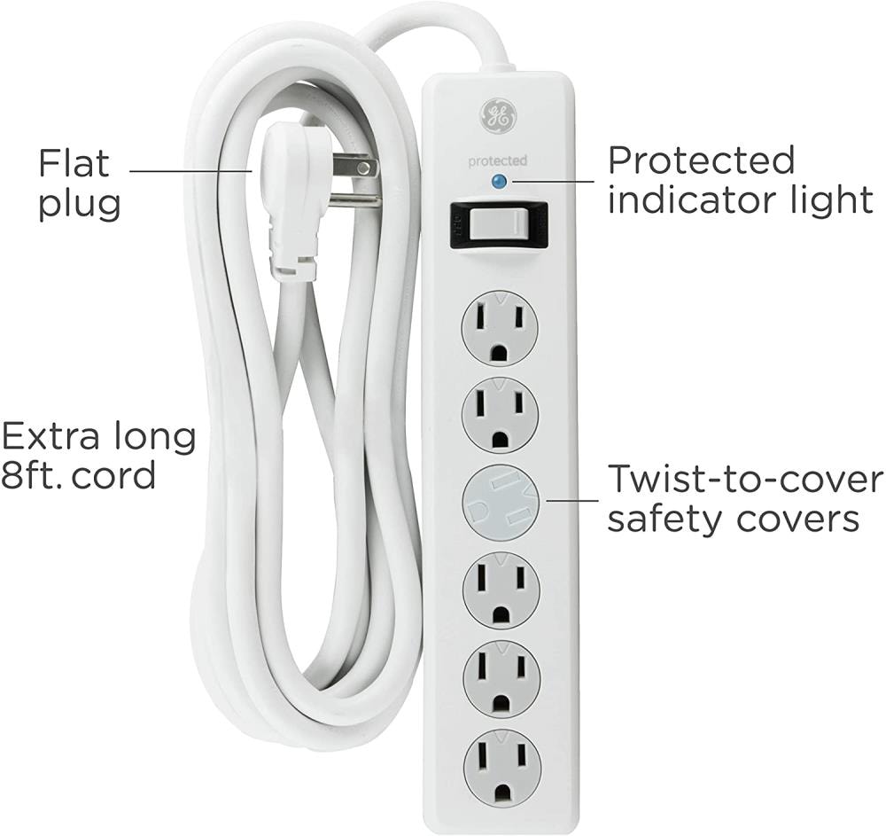 GE 8-ft 6-Outlet 800 Joules 1800-Watt White Indoor Ac Surge Protector ...