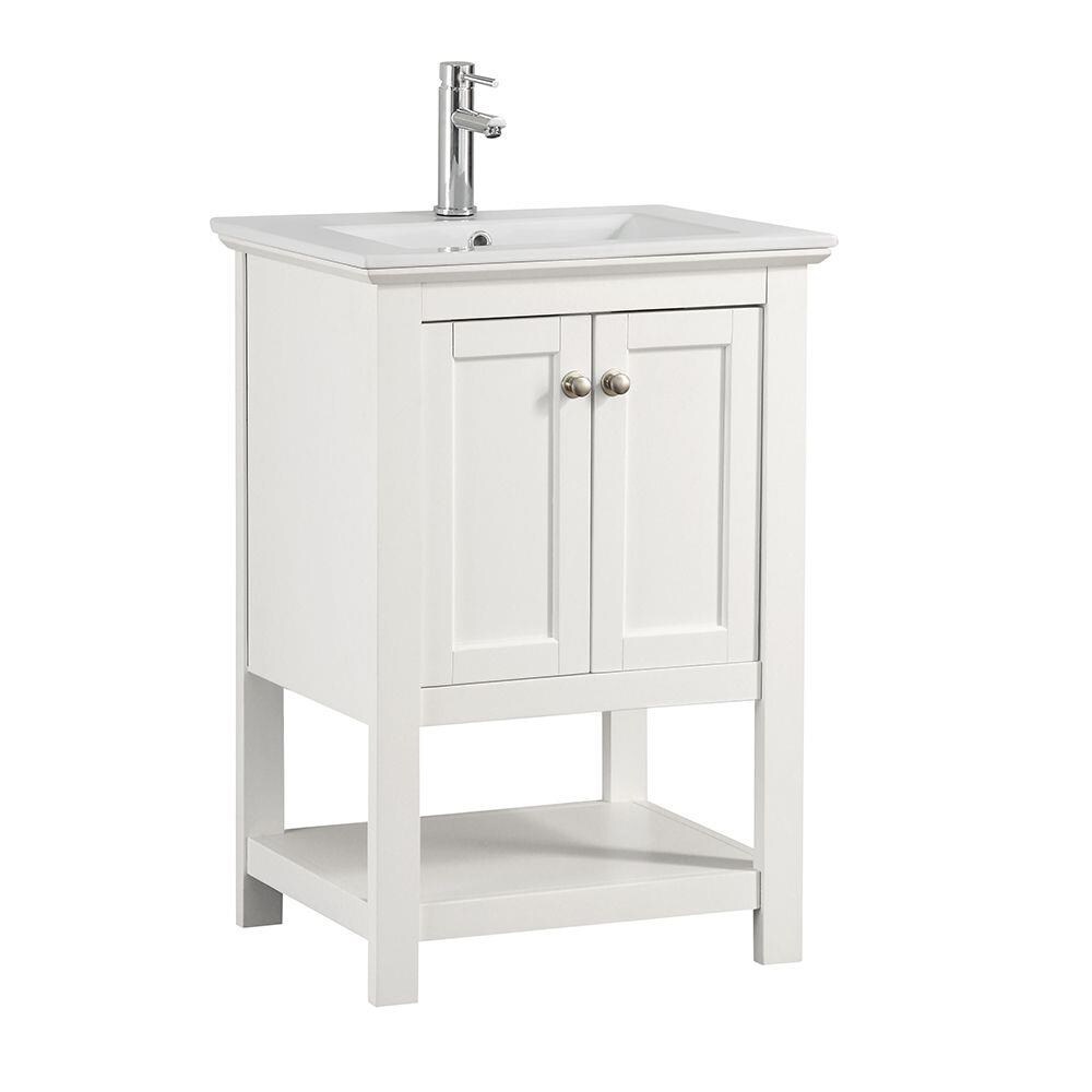 Elegant 24" White Solid Wood Freestanding Bathroom Vanity with Ceramic Sink