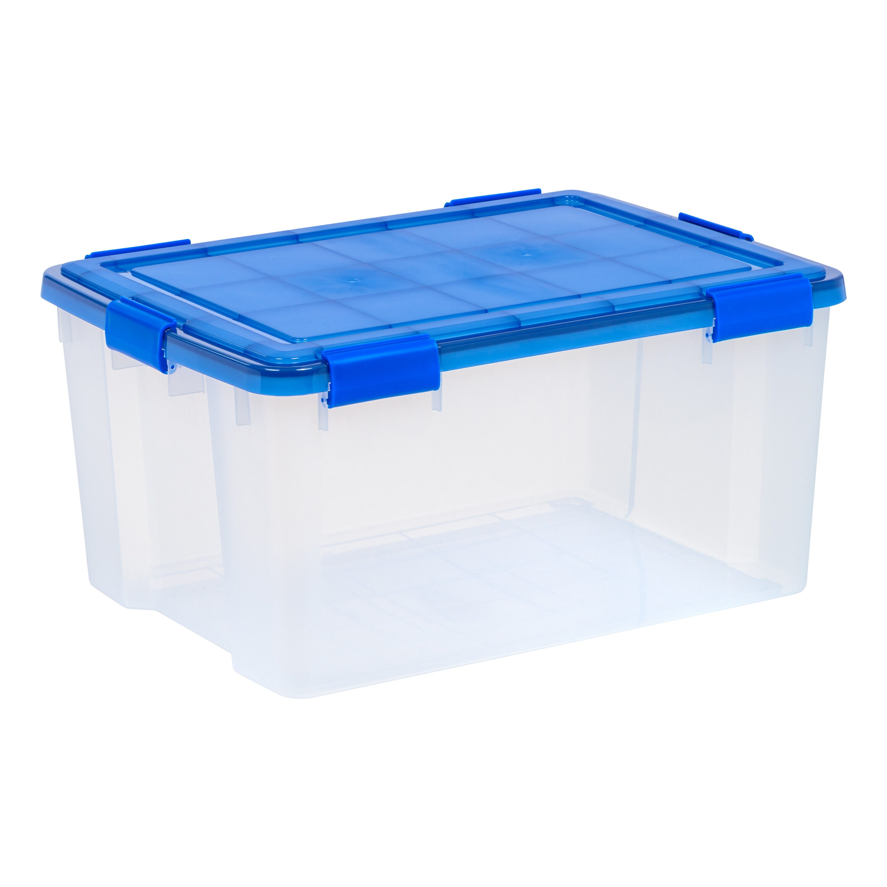 IRIS USA 70 Quart WEATHERPRO Plastic Storage Box with Durable Lid and Seal  and Secure Latching Buckles, Clear With Blue Buckles, Weathertight, 3 Pack