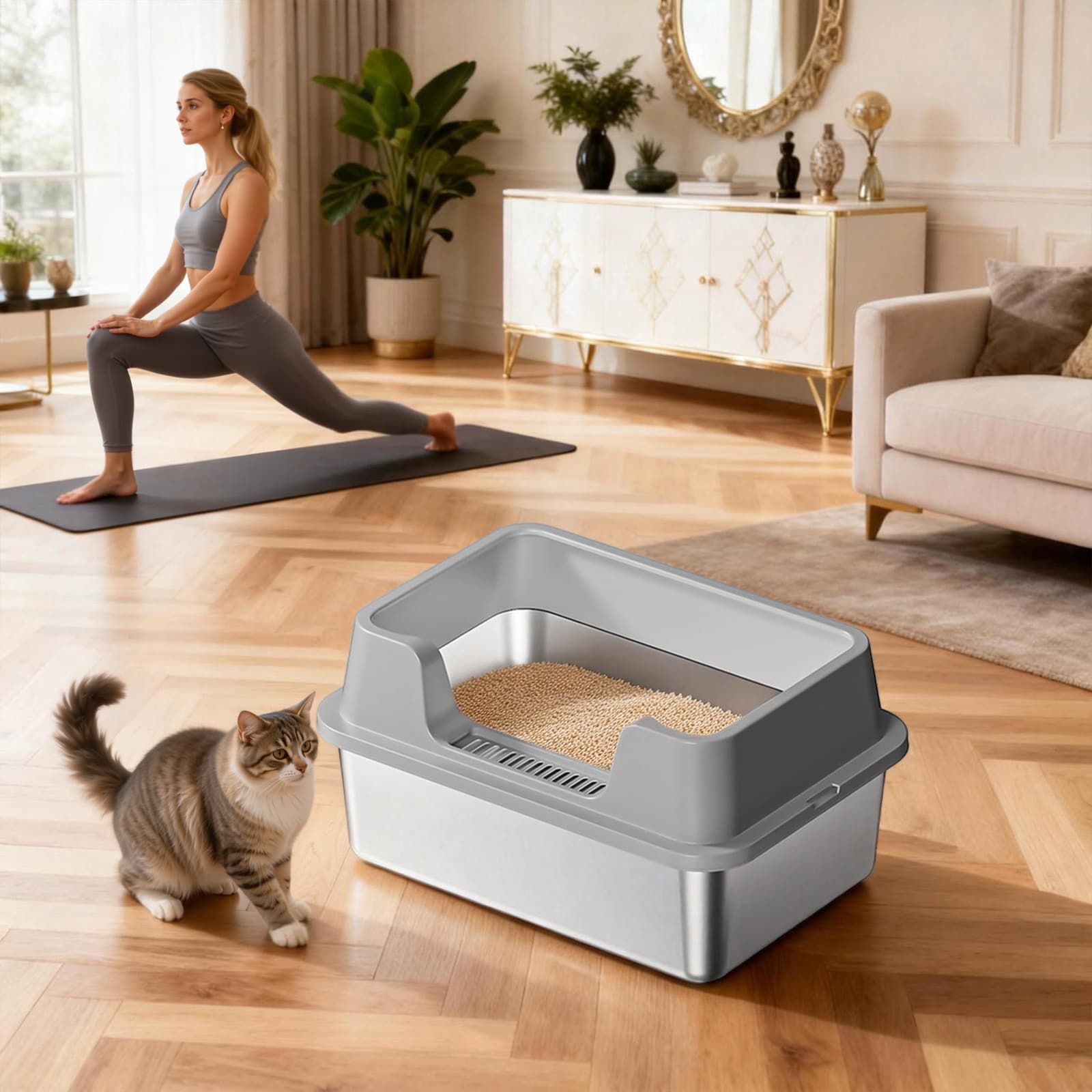 GarveeLife Semi Enclosed Stainless Steel Litter Box For Large Cats High ...