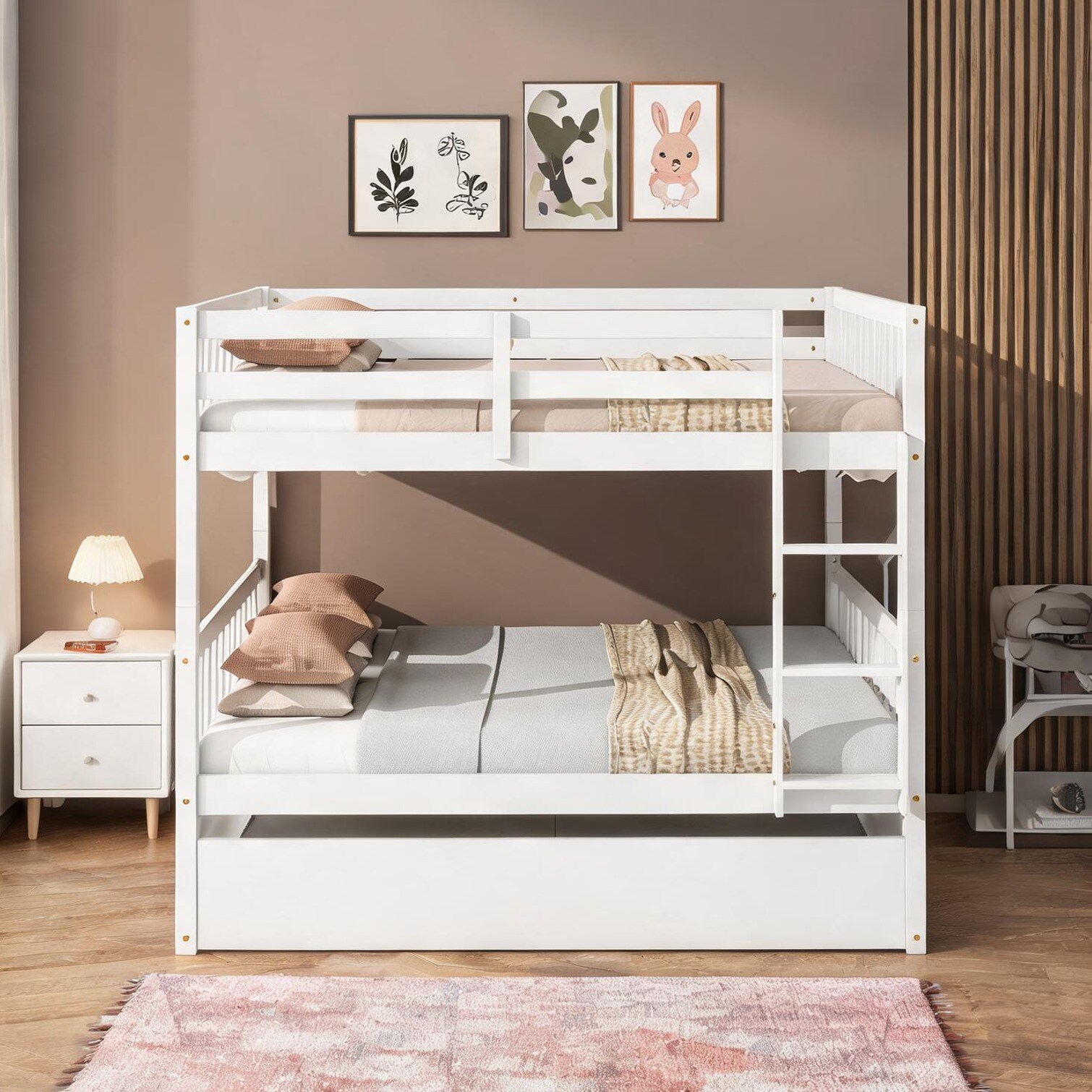 SunJet Full-Over-Full Bunk Bed in White Finish with Trundle Ladder and ...