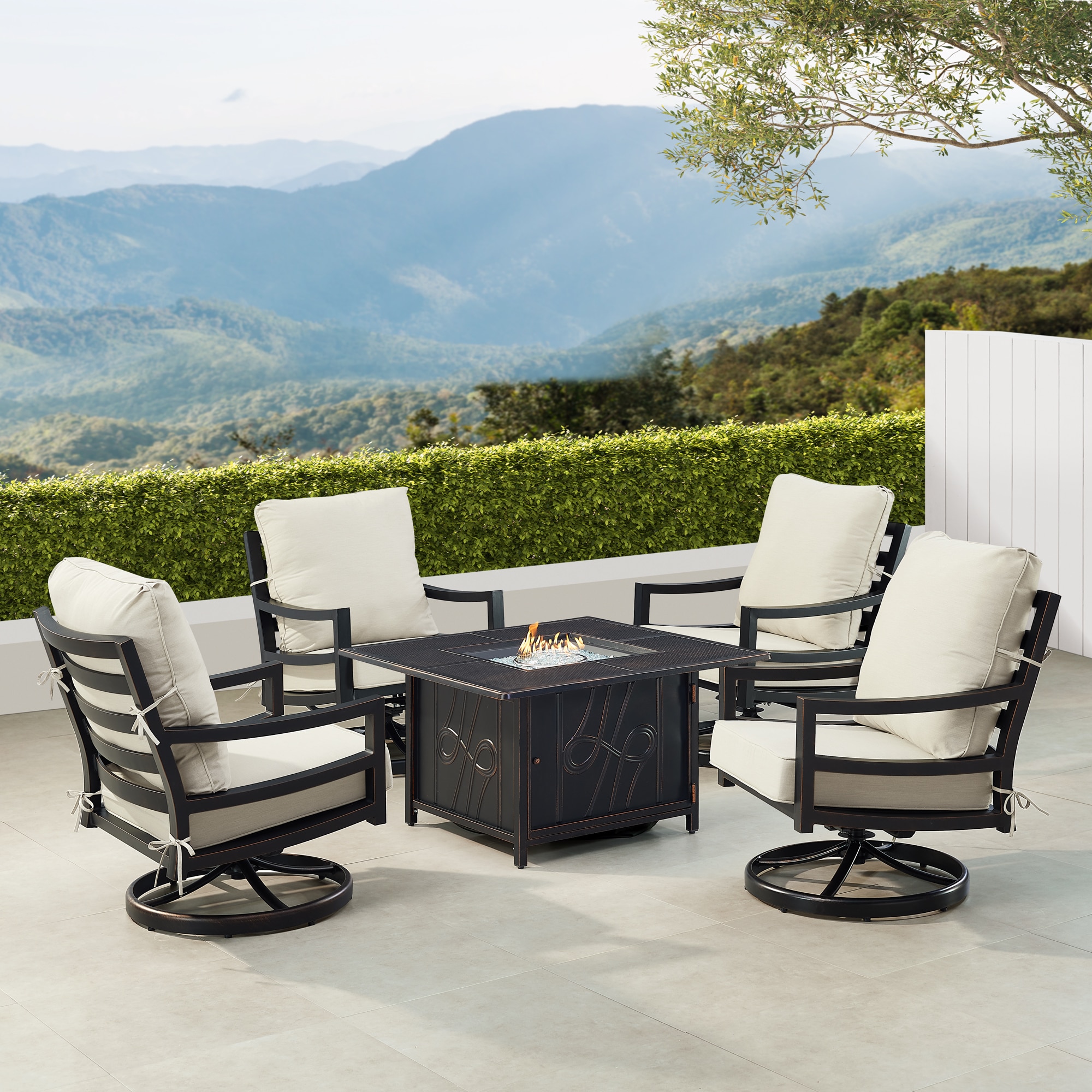Oakland Living HUDSON4CHREGISLGCU Fire Pit Table Set, Four Lounge Chairs and Wind Guard 14 -Piece Patio Conversation Set with Gray Cushions