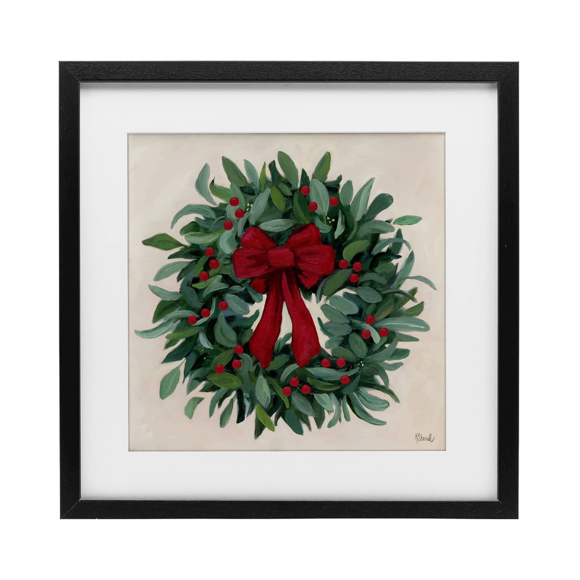 Stupell Industries Ribbon Holly Wreath Black Framed Print Under Glass 16 x 16