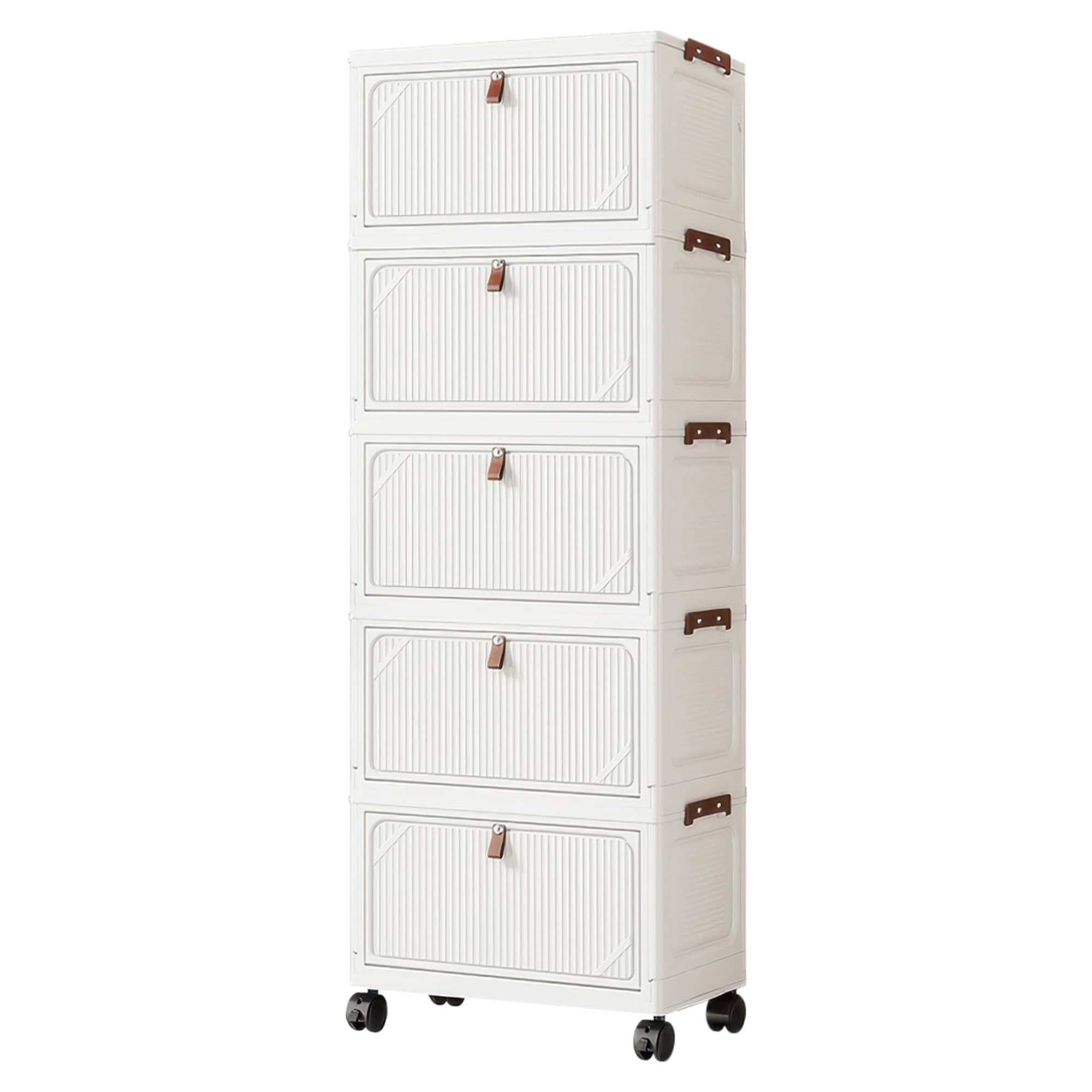 Garvee 5 tier Lockable Storage Bins with Lids Folding Cabinet with Doors Wheels Collapsible Plastic Drawers for Dorm Closets Office Game Day College Stackable Organizer Gifts White