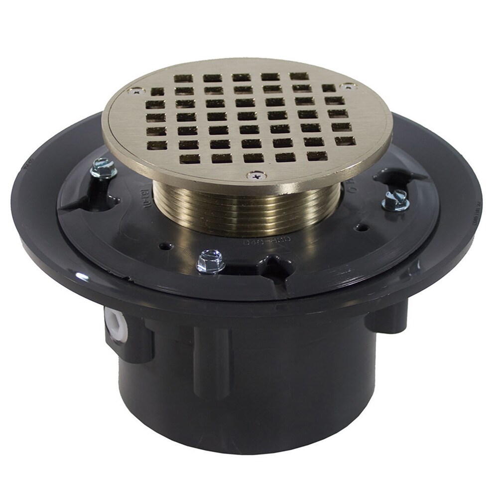 Jones Stephens 2 x 3 PVC Heavy Duty Slab Drain Base with 3 Metal Spud and 5 Nickel Bronze Round Strainer D49657