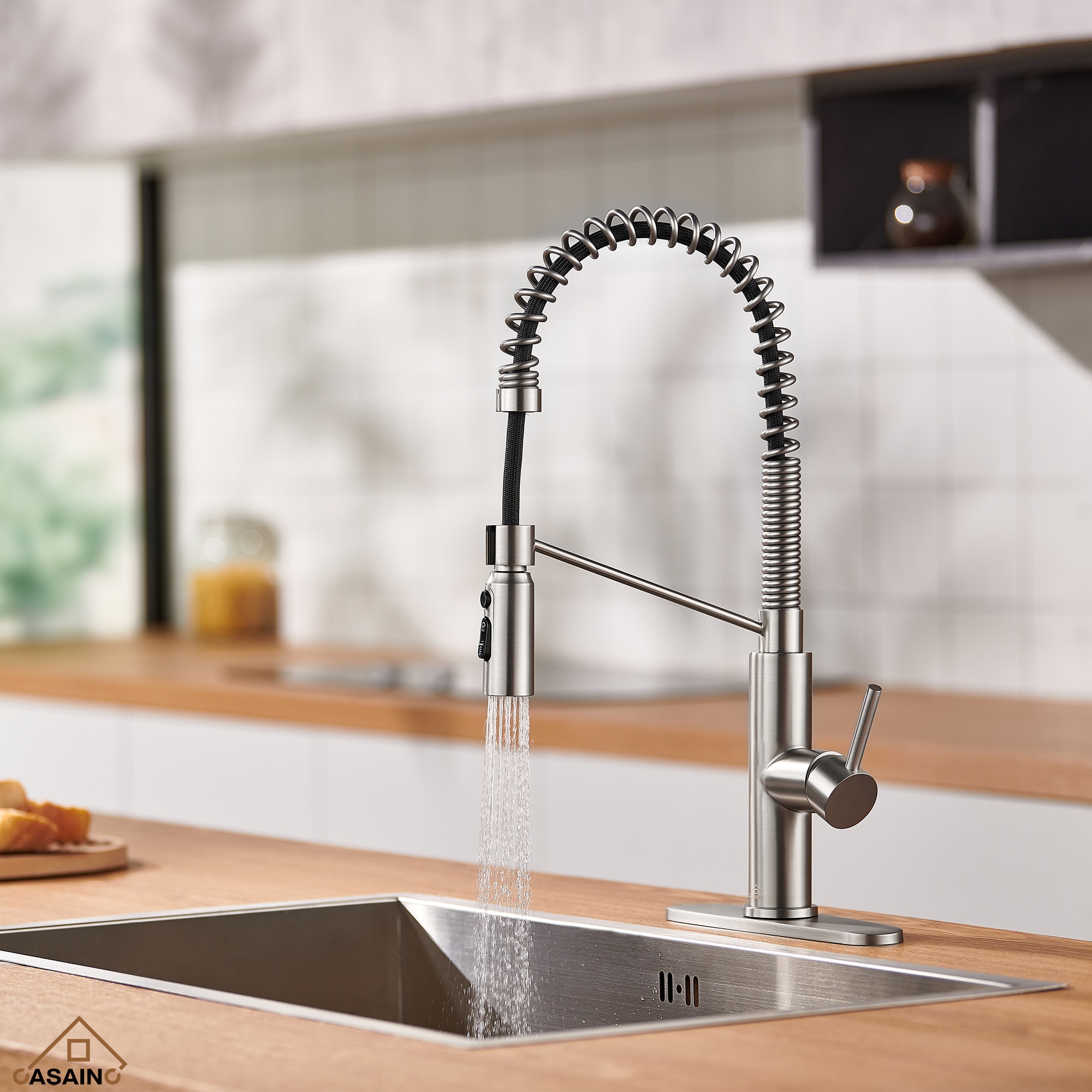 Brushed Nickel Pull Down Kitchen Faucet with Deck Plate
