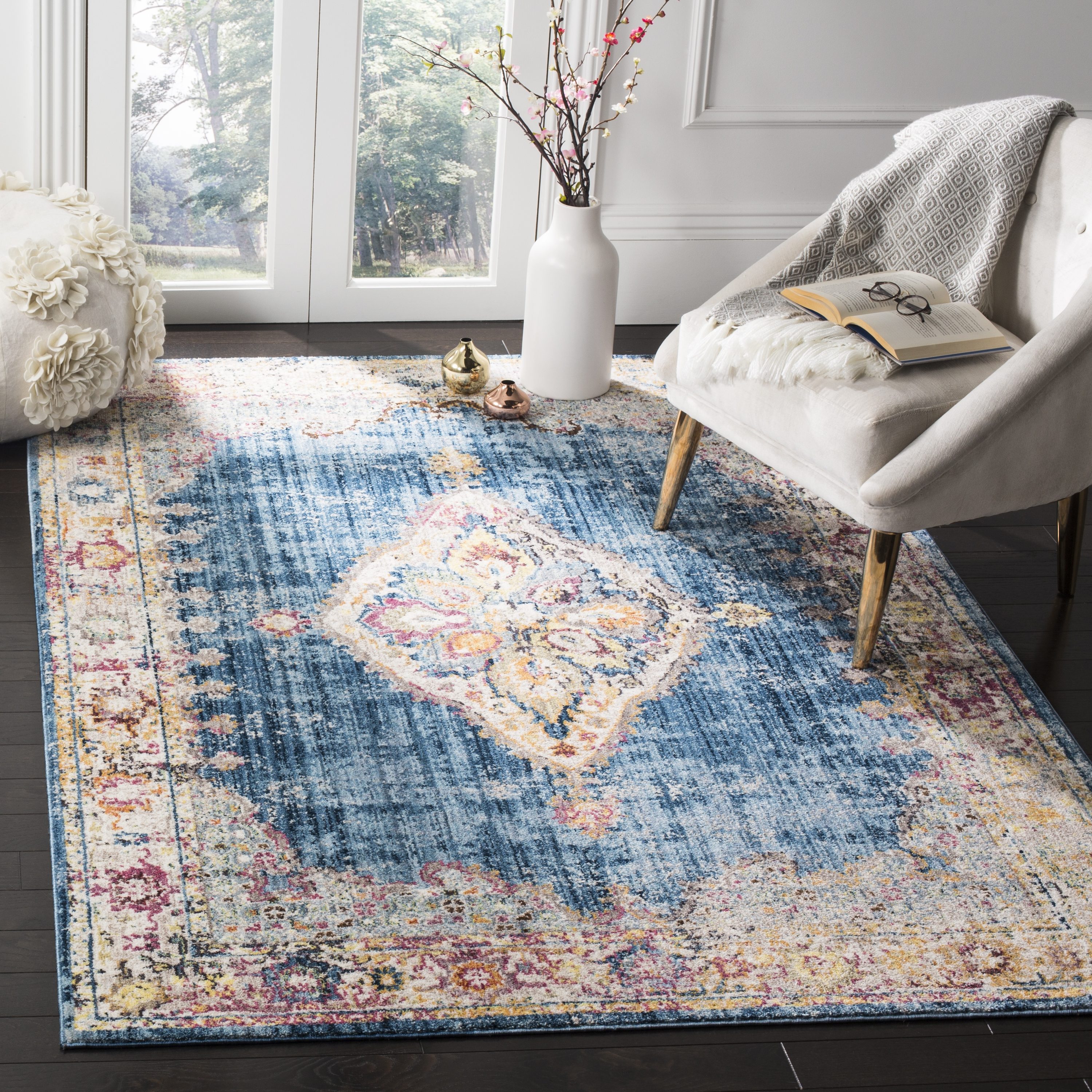 Blue and Ivory Rectangular Synthetic Area Rug, 5'1" x 7'6"
