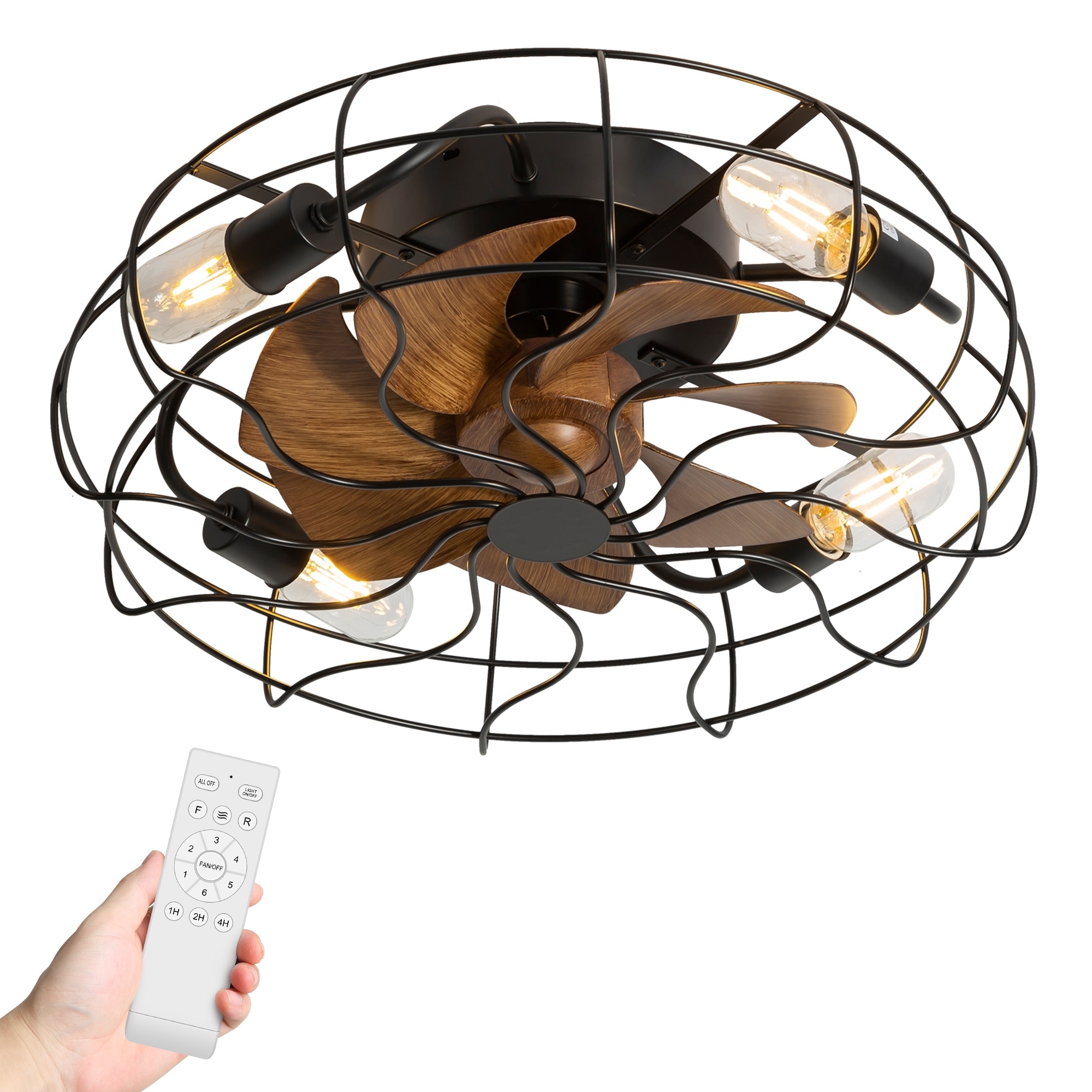 Airsurfer 18.5-in Black with Black/Brown Blades Indoor Flush Mount Caged Ceiling Fan with Light and Remote Control Included (7-Blade)