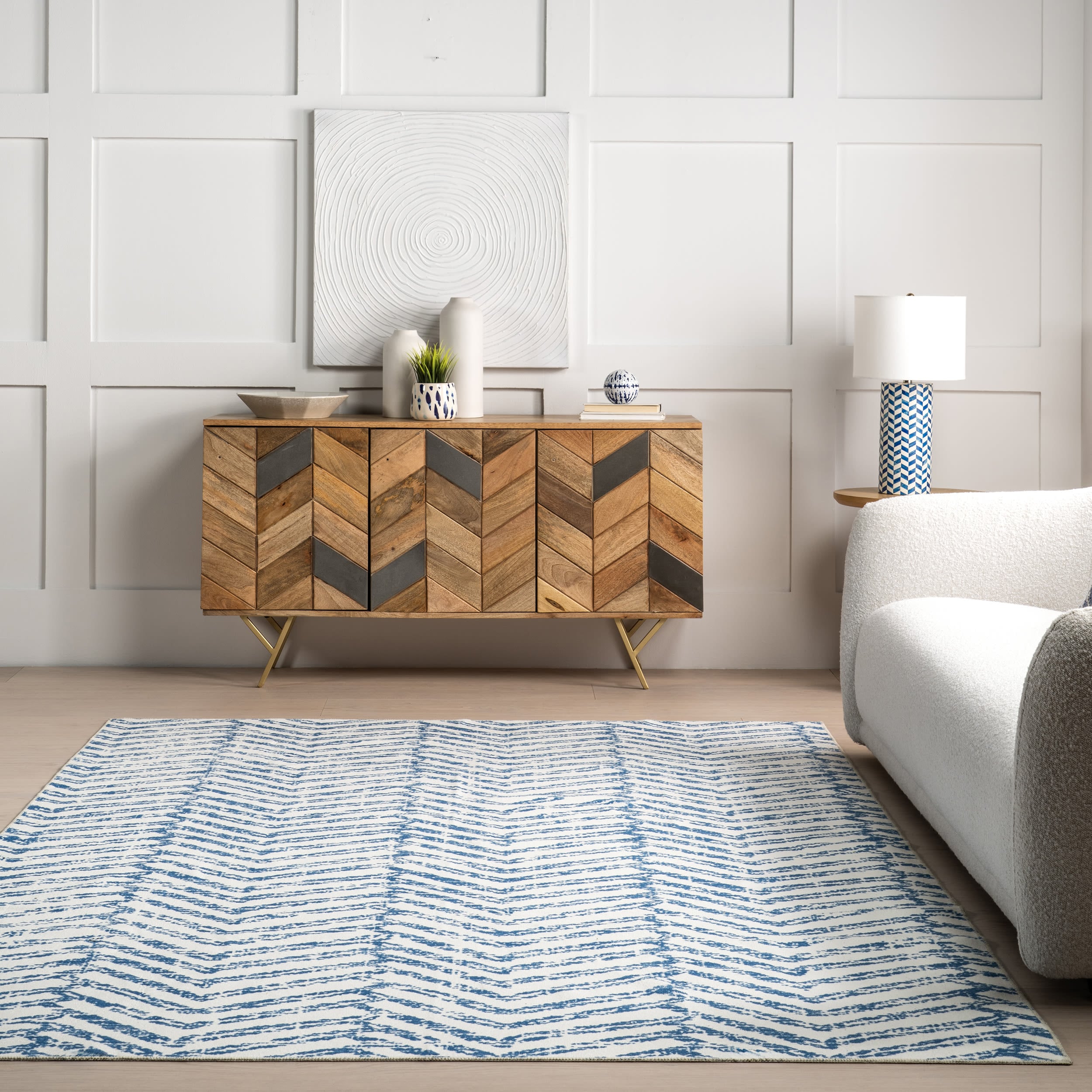 Rosanne Blue and Ivory Geometric 5' x 8' Washable Synthetic Area Rug