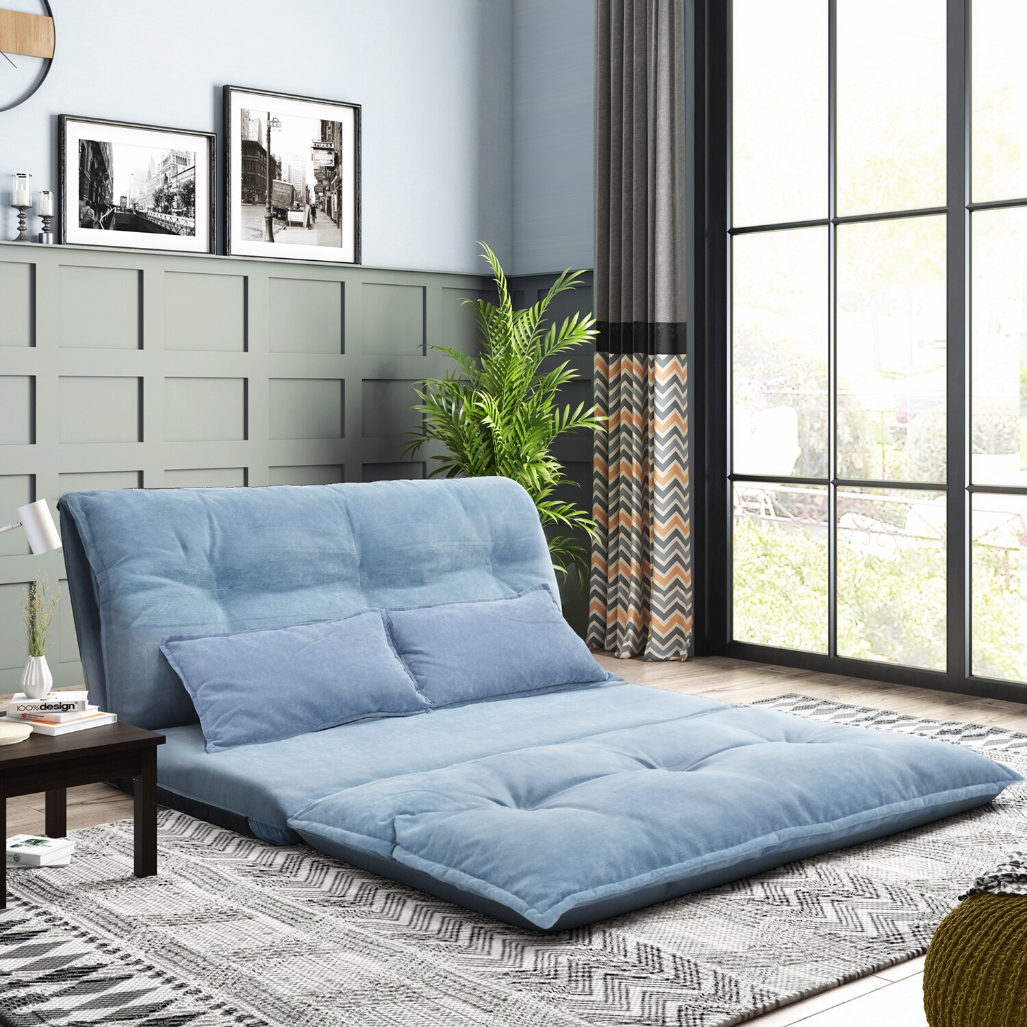 SINOFURN Blue Casual Polyester Futon with Foldable Design - 3 in 1 ...