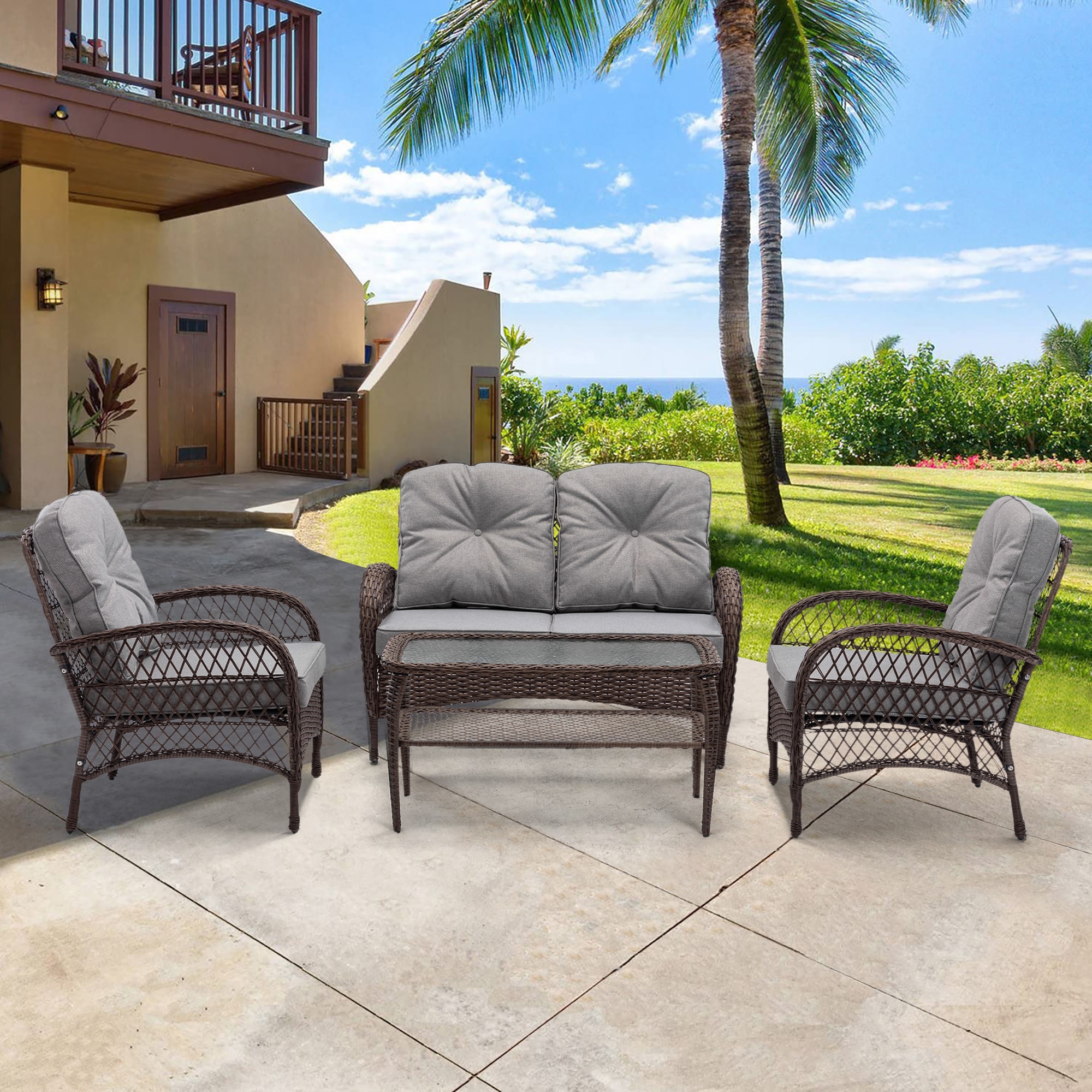 Clihome CL-HFS018 4 -Piece Rattan Patio Conversation Set with Gray 220g Polyester Cushions