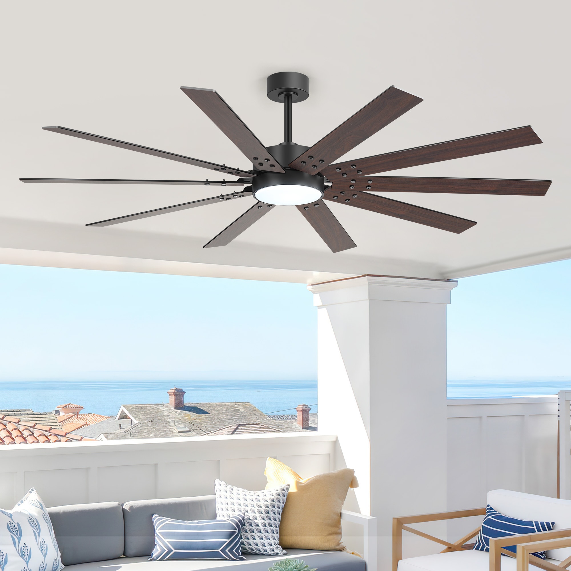 Breezary Windmill 72-in Matte Black with Black and Dark Brown Blades LED Chandelier Ceiling Fan With Light and Remote Control Included 10 -Blade