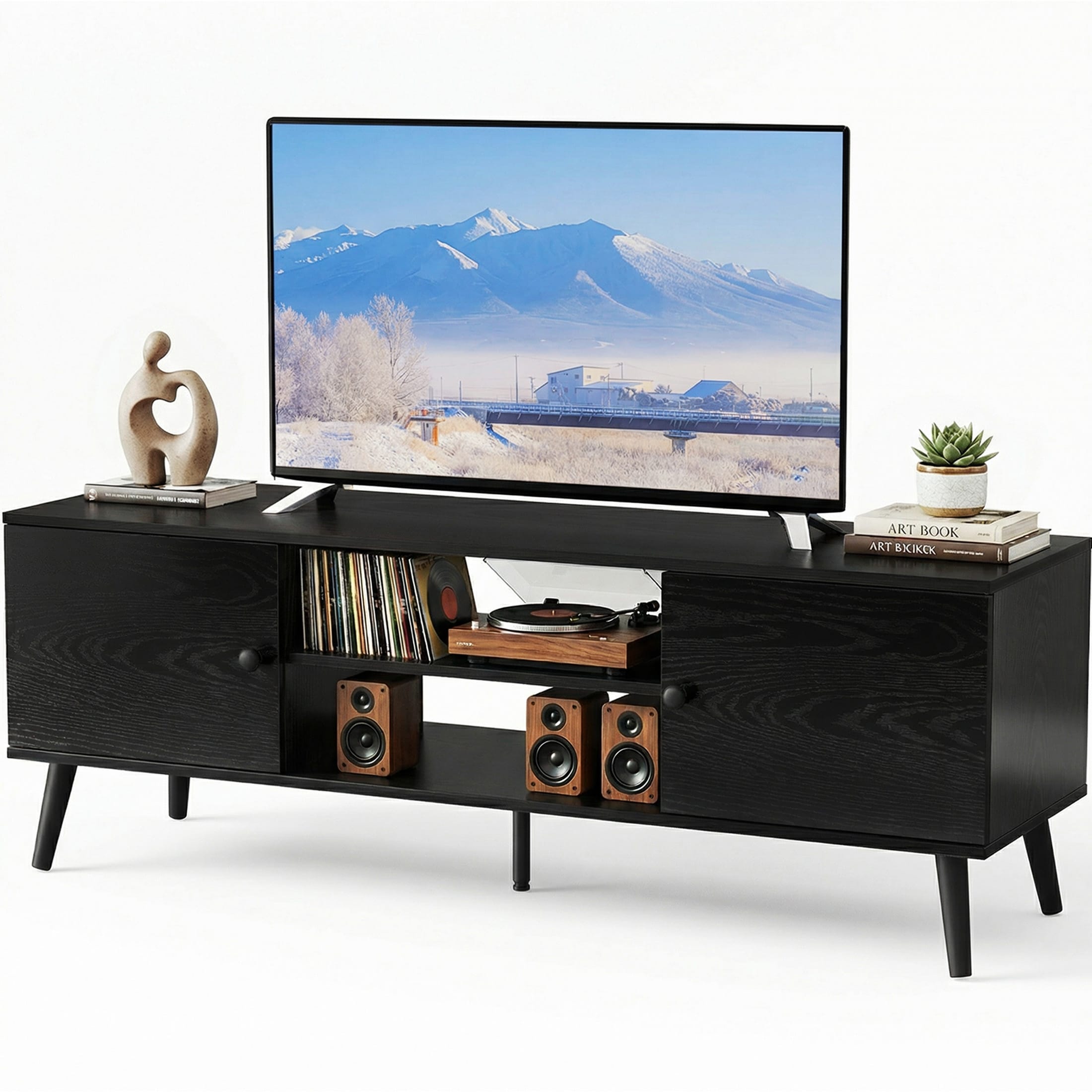 Sweetcrispy 53.5-in W Mid-Century Black TV Stand Up to 60 inch TV with Storage and Adjustable Shelves
