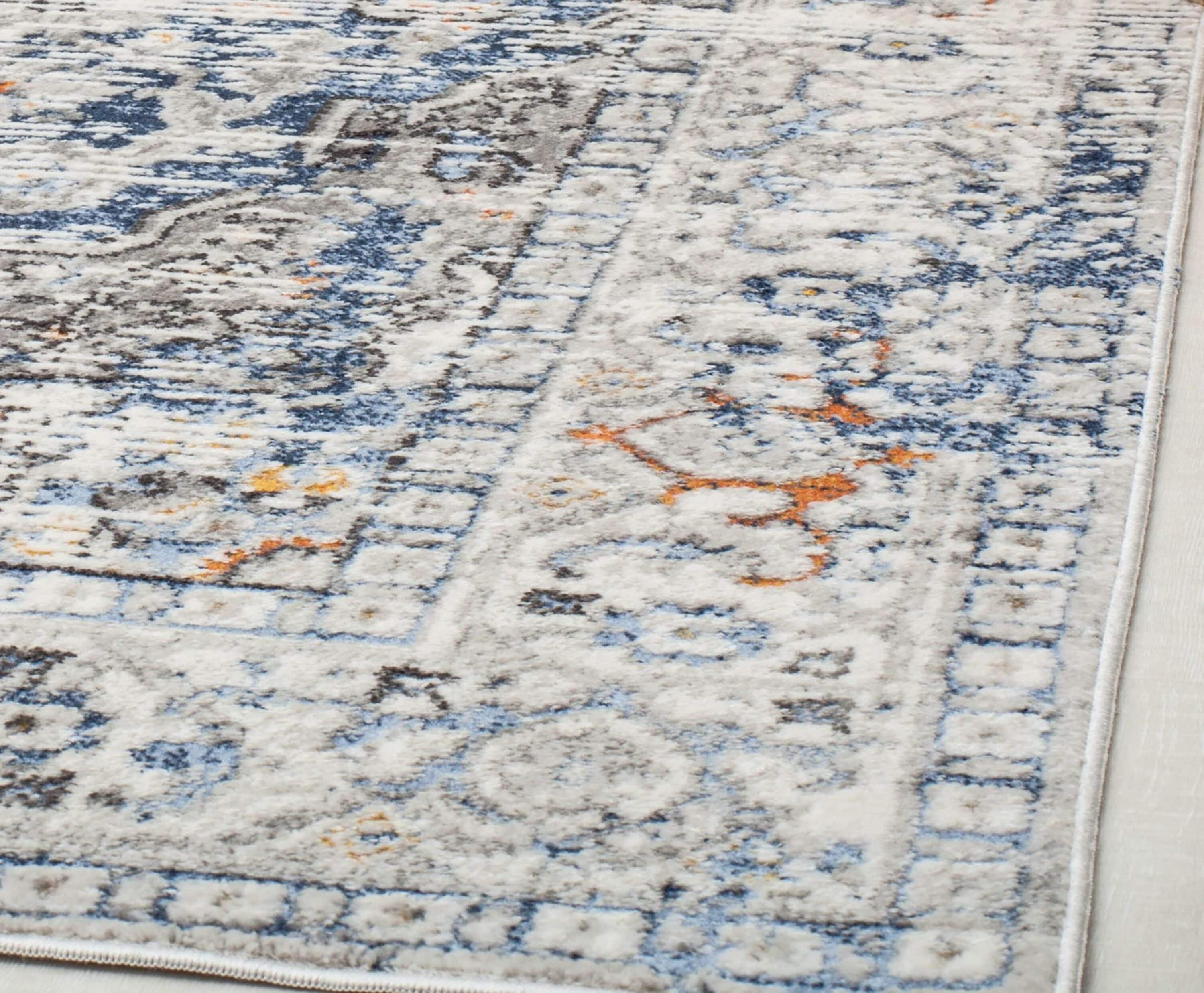 Blue and Gray Vintage Floral Rectangular Area Rug, 8' x 10'