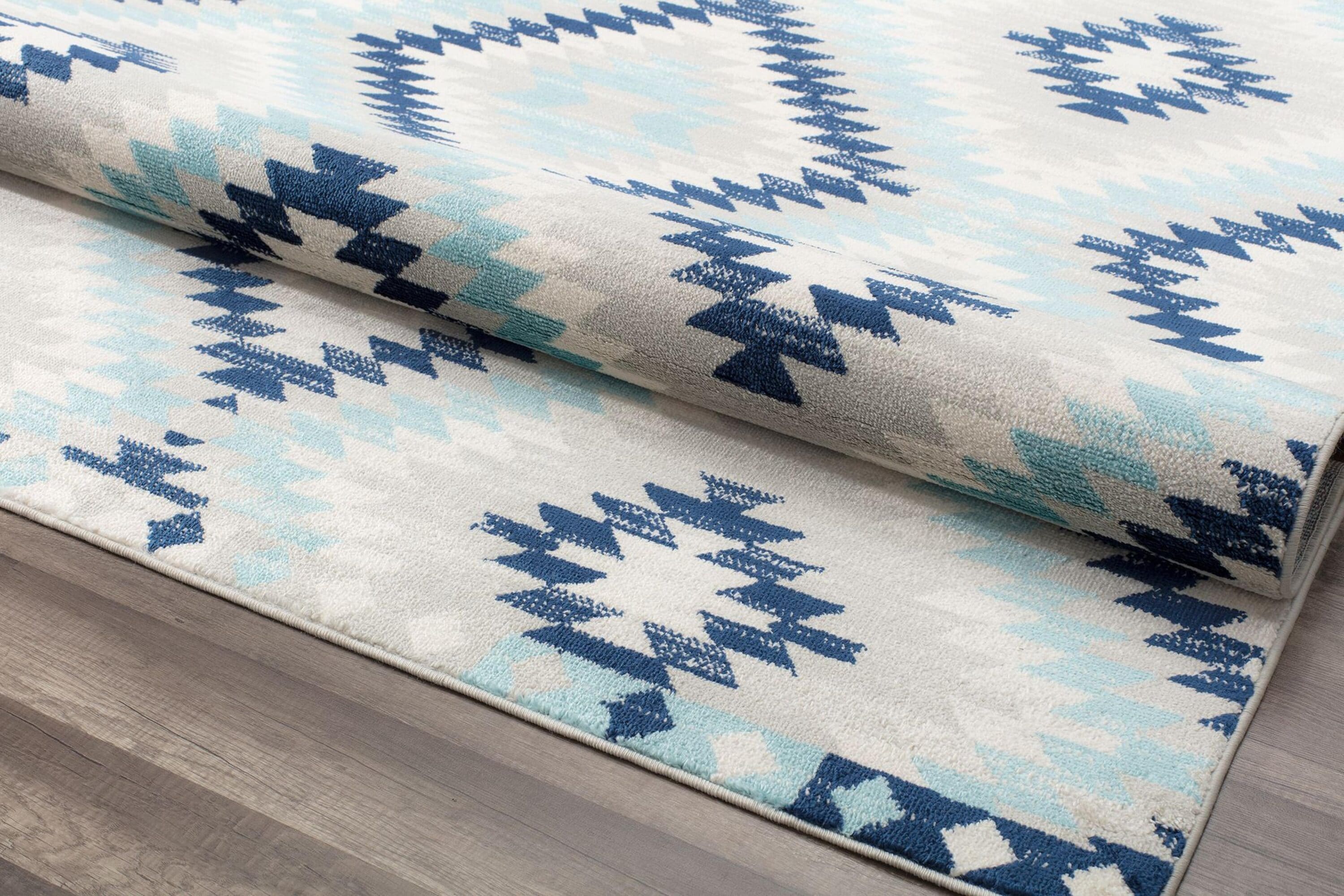 Ice Blue and Multicolor Synthetic Stain-Resistant Runner Rug