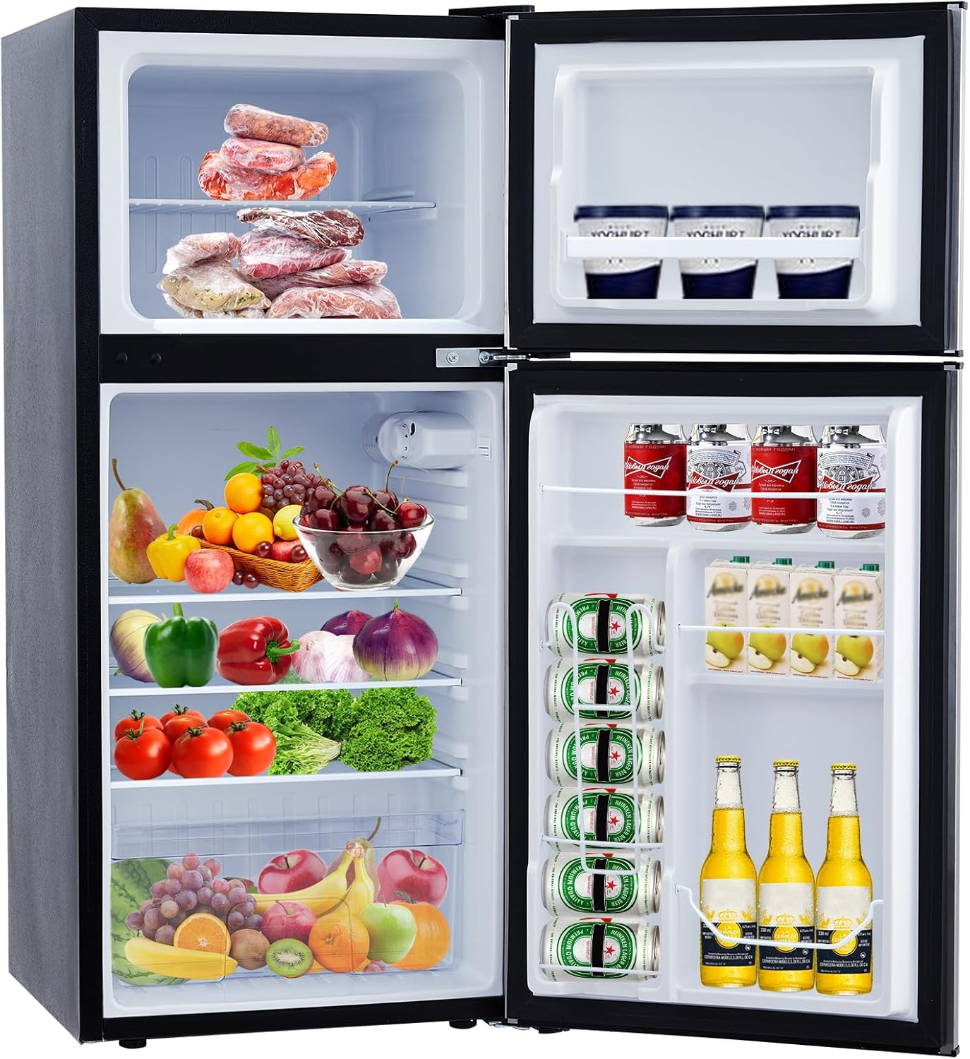 Qeetex FRI-PHO105UIT2S 4.5 Cubic Feet Mini Fridge With Freezer Double Door Compact Design Adjustable Shelves Five Temperature Settings Whisper Quiet Energy Efficient And Auto Defrost Black