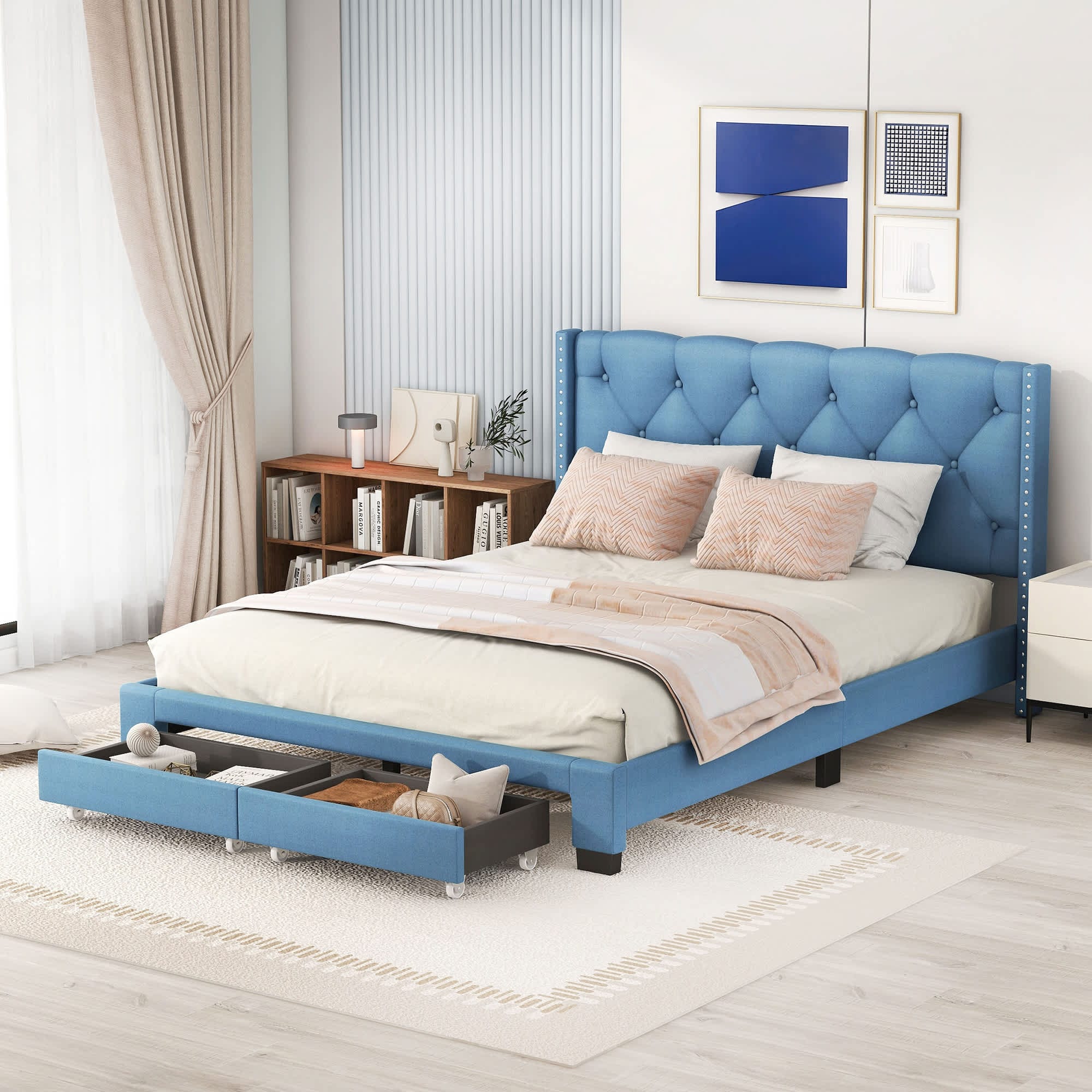 WhizMax LWAM-PHO-12UWTABY Queen Size Bed Frame with Upholstered Headboard  Beige Non-Slip Platform Bed Frame with Two Storage Drawers Adjustable Wingback No Box Spring Needed Headboard for Bedroom