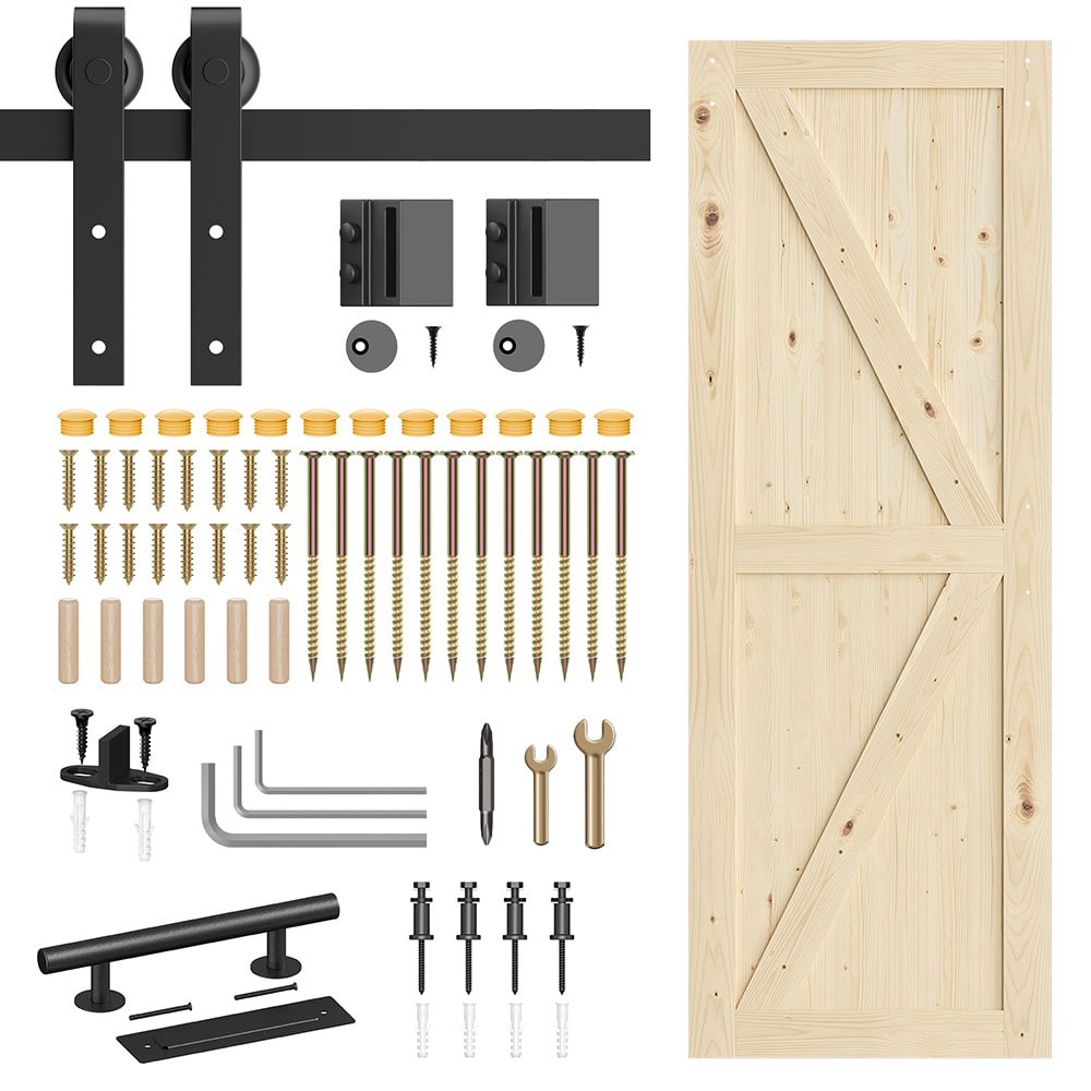 LOVMOR BD-02300046DC-30 30 in. x 84 in. Sliding Barn Doors with 60 in. Hardware Kit Wood Unfinished Solid Pine Barn Doors with Track Kit