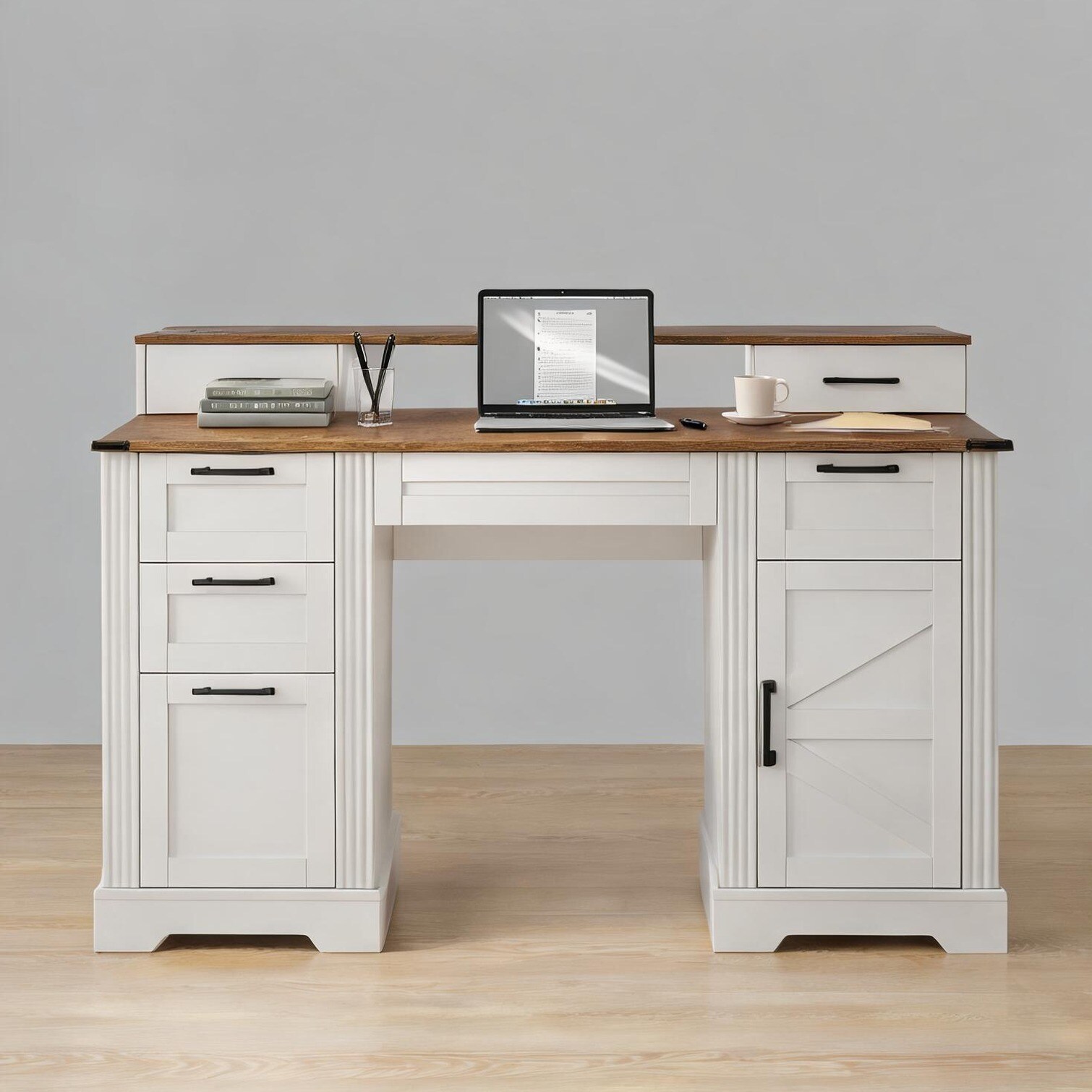 FlowLuxe MDF Computer Desk with Charging Station 59-Inch Farmhouse ...