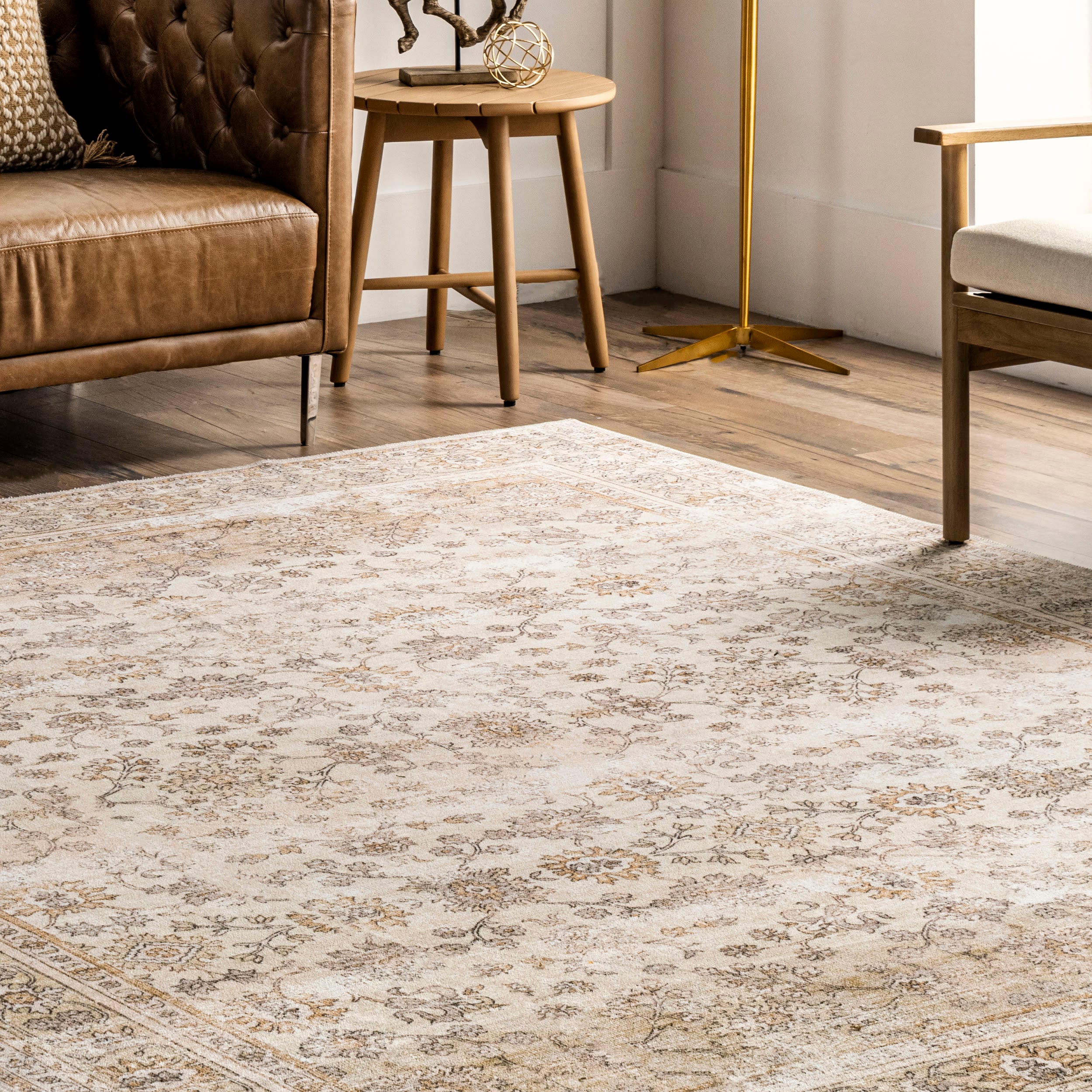 Beige Floral Machine Washable Stain-Resistant Area Rug