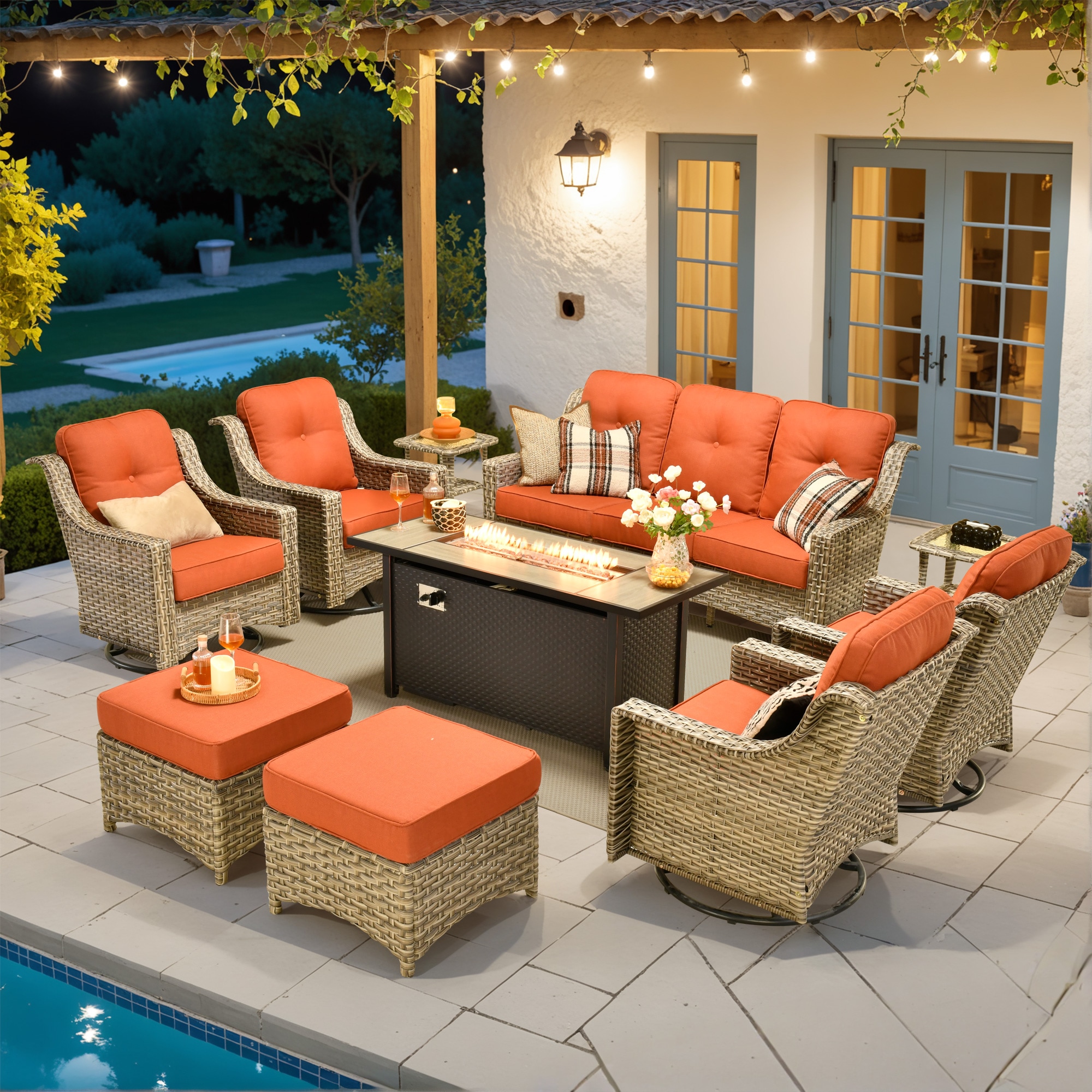 Ovios RFP5PD8C09Y 10 -Piece Rattan Patio Sofa Conversation Set with Orange Cushions