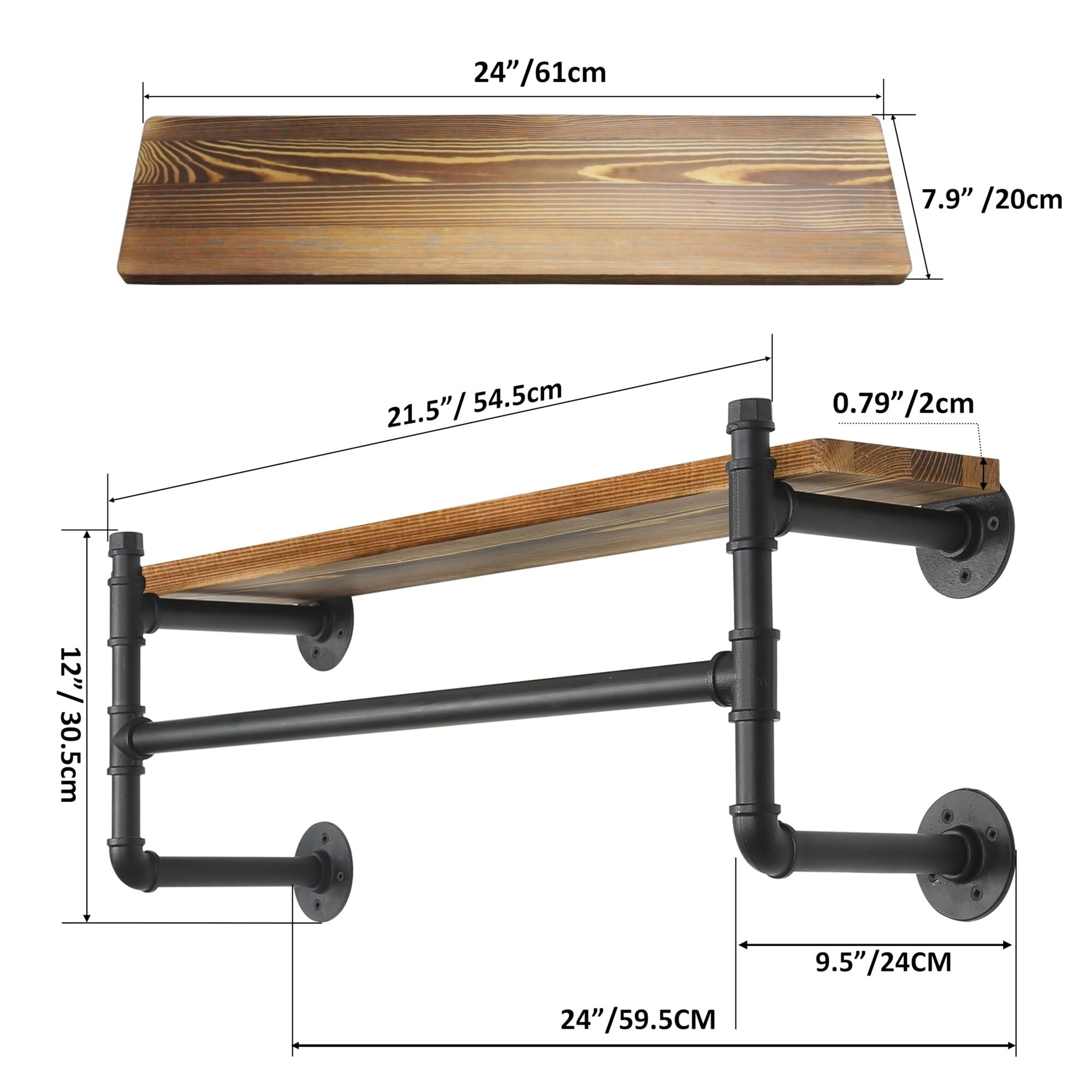 Aoibox 24 in Wall Mounted Garment Rack with Solid Wood Shelf and ...