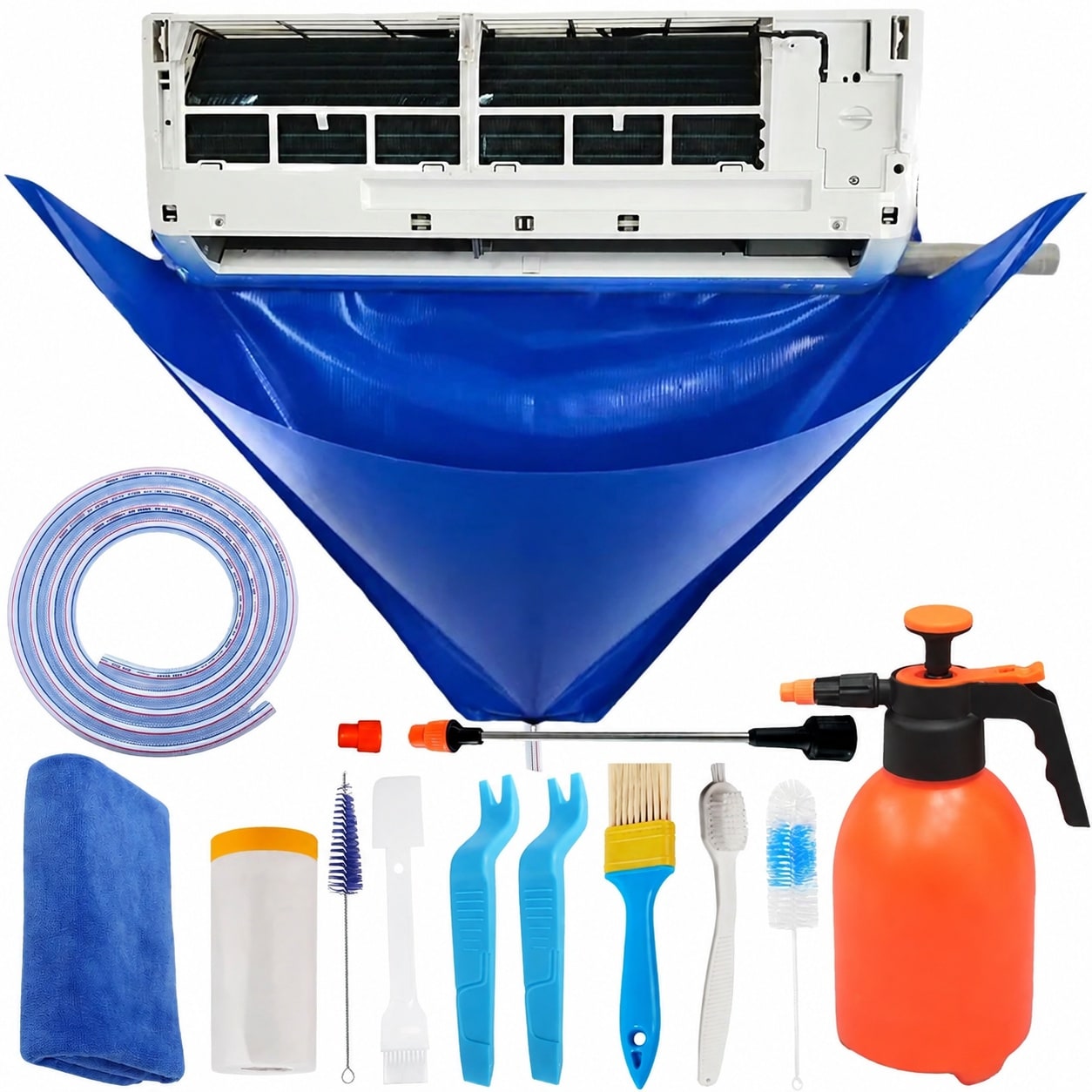 Phyfalip  Mini Split Cleaning Kit with 2L High Pressure Sprayer and Waterproof PVC Cover with 10 HVAC Cleaning Tools for Air Conditioner