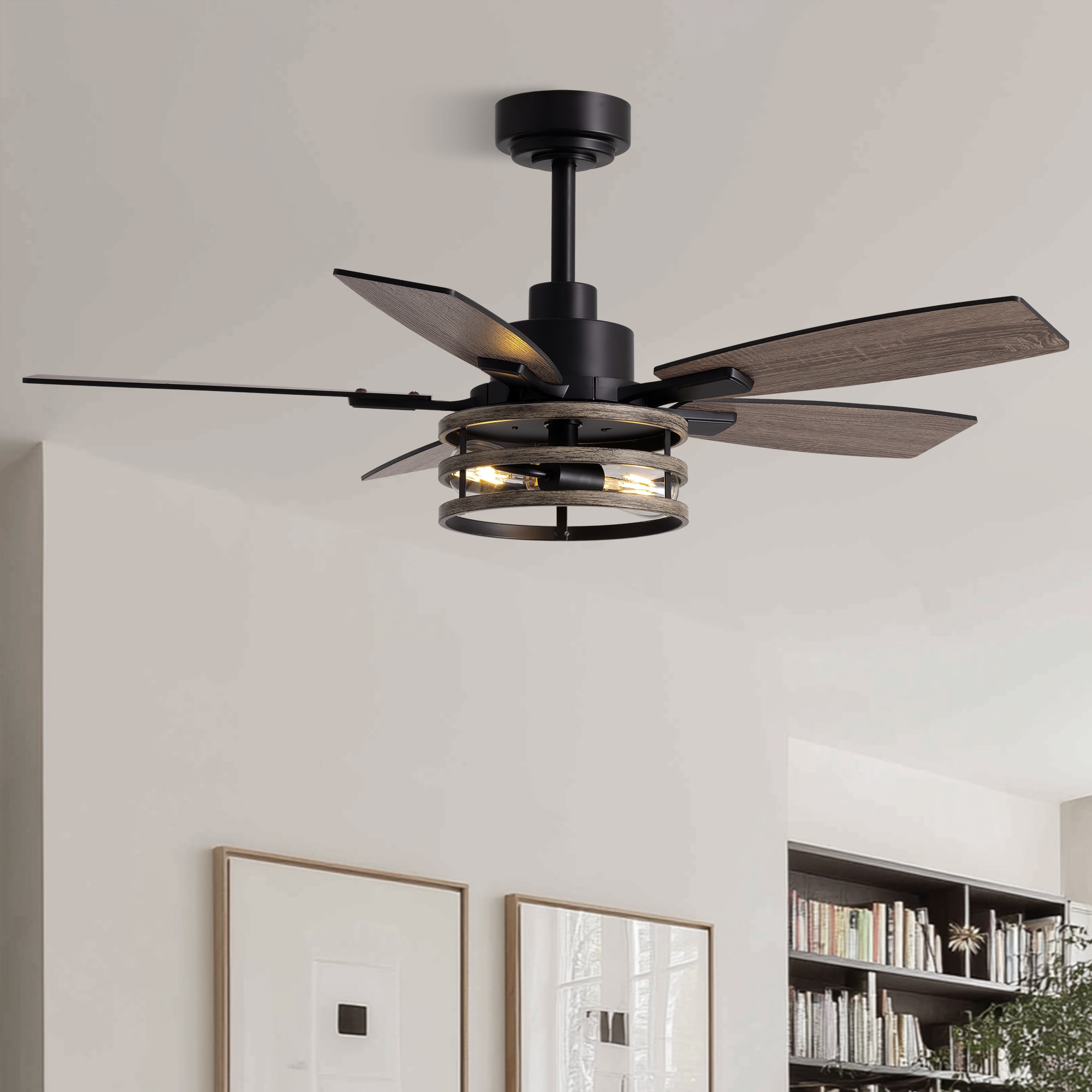 FANNEHONNE 46-In Farmhouse Cage Gray Ceiling Fan with Lights for Living Room Bedroom Kitchen and Covered Patio (APP and Remote Control)