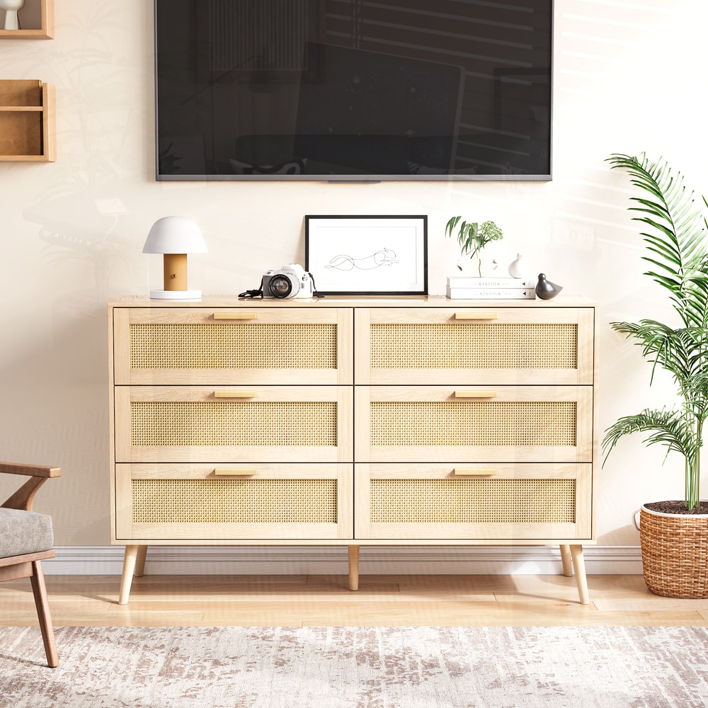 SunJet Modern 6 Drawer Rattan Chest of Drawers with Wood Handles Storage Cabinet for Bedroom Living Room Hallway