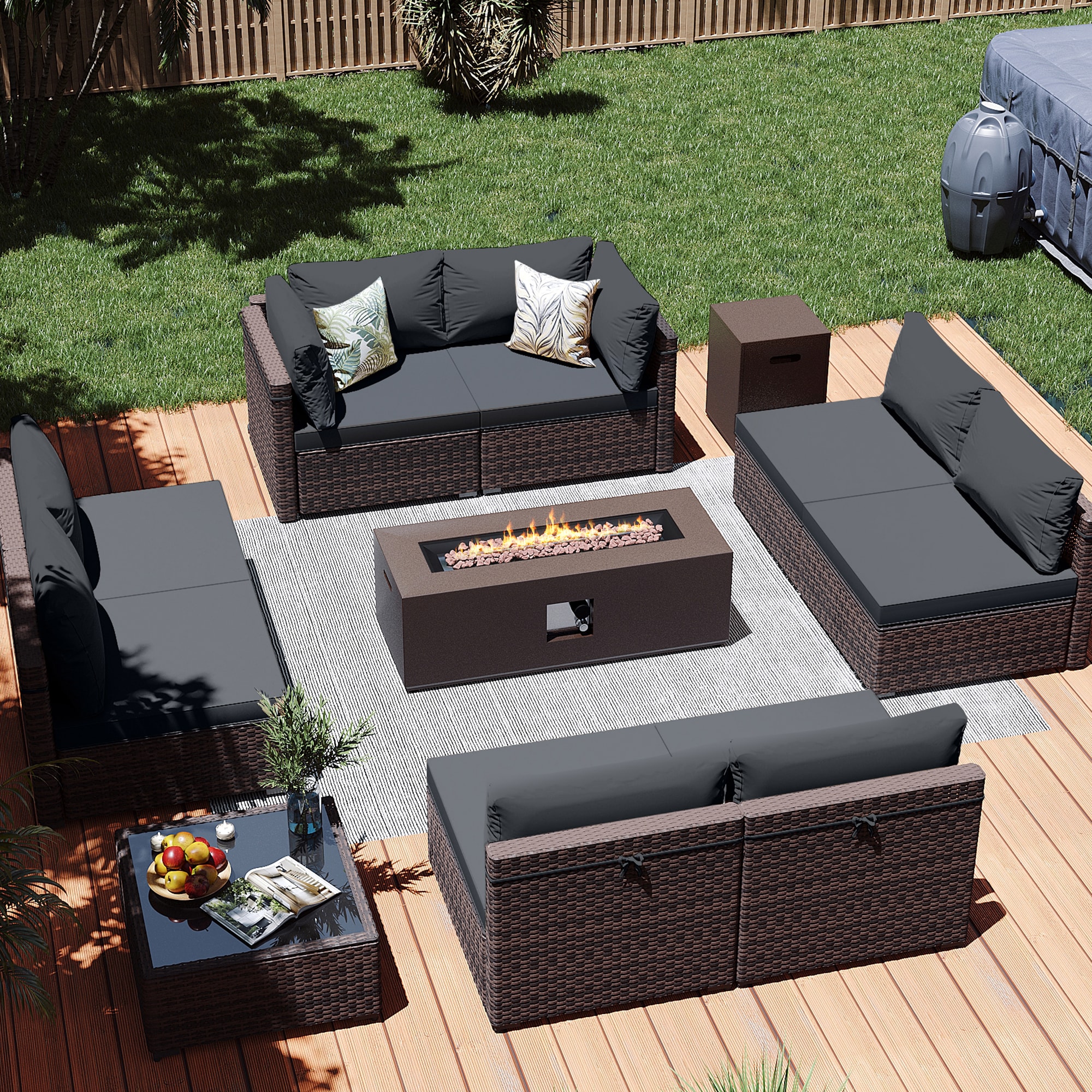Patio Watcher LS-RT9-KD42CBR-B3 10 -Piece Rattan Patio Conversation Set with Gray Cushions