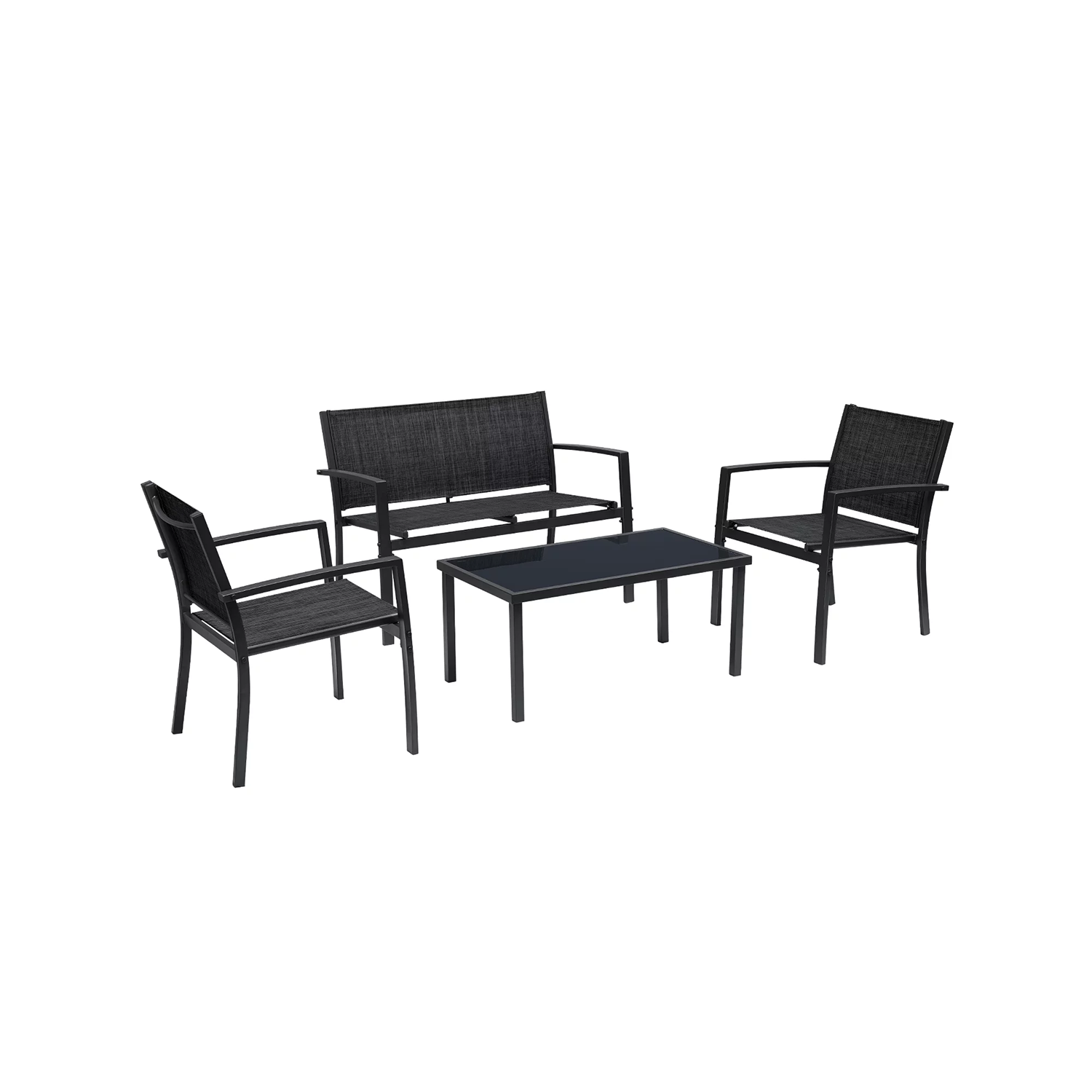 Vineego 4-Piece Black Patio Conversation Set with Glass Coffee Table in ...