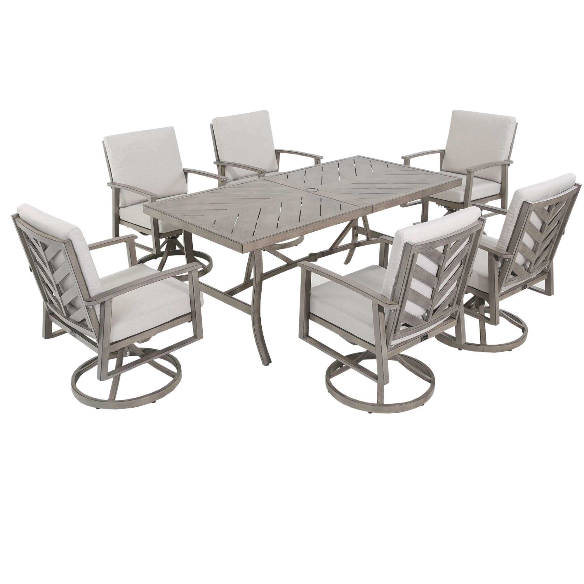 PEAK HOME FURNISHINGS - 7 -Piece Grey Patio Dining Set Aluminum Rectangle Table with 6 Beige Cush...
