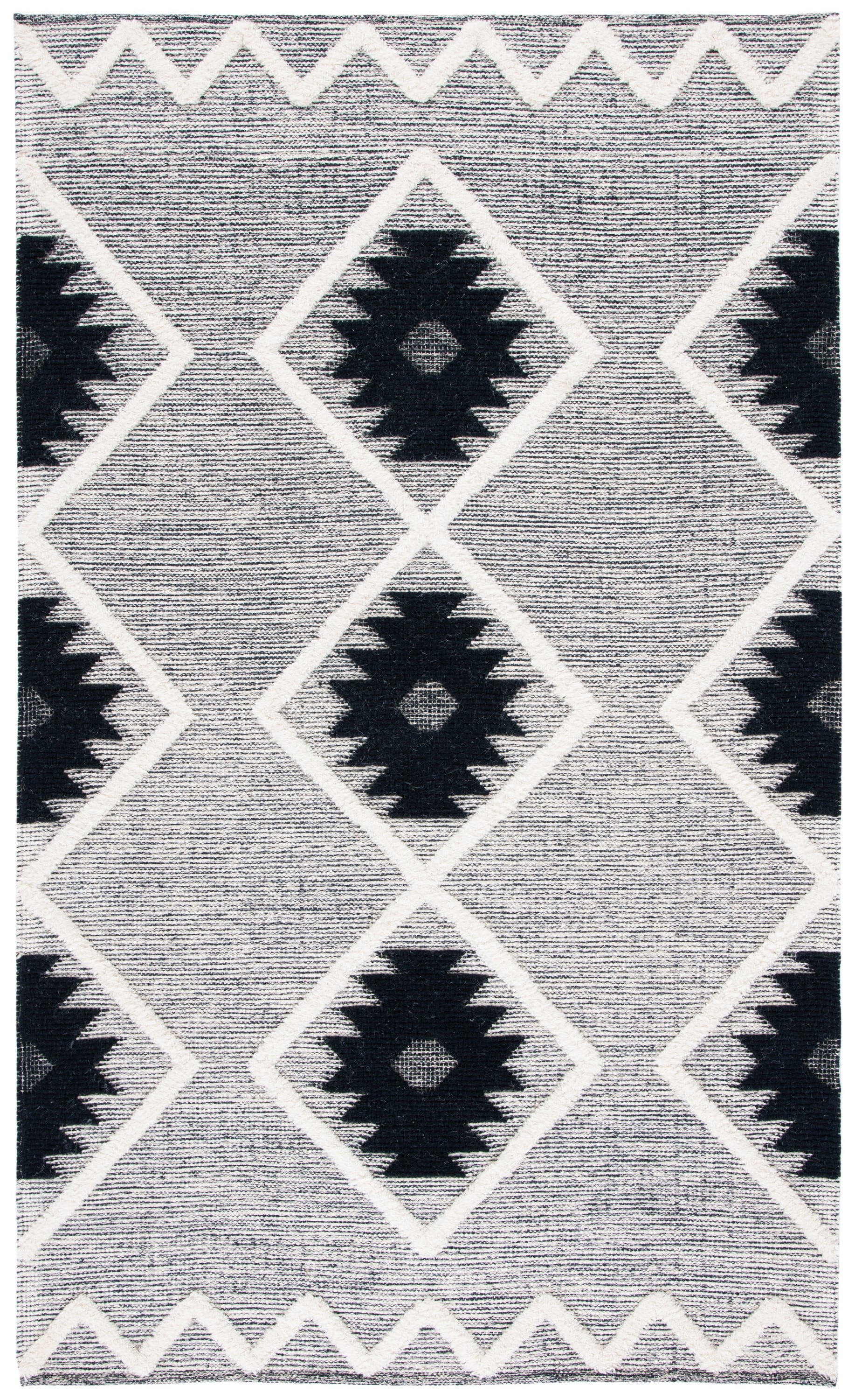 Black and Ivory Geometric Wool Hand-knotted Rug, 3' x 5'