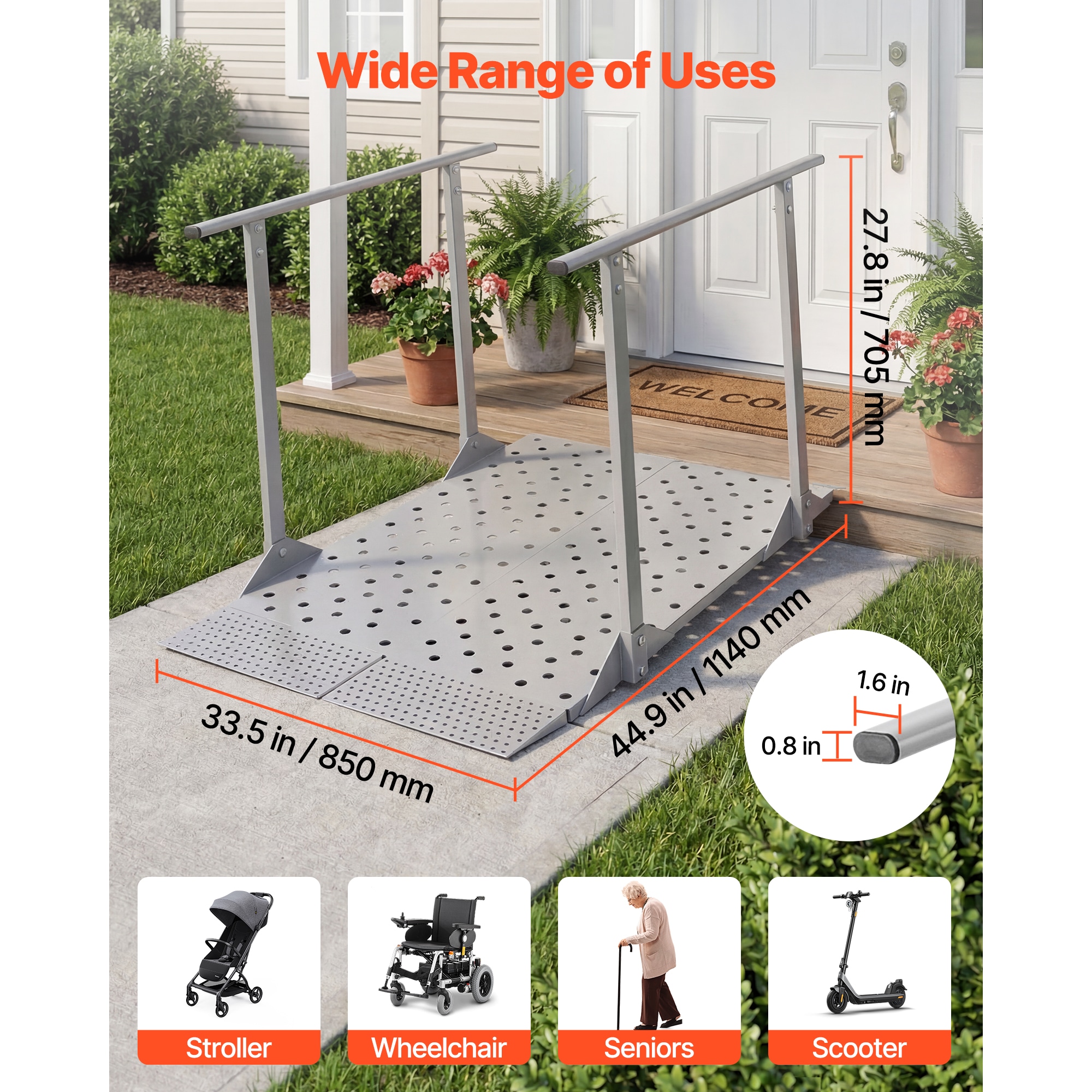 VEVOR Wheelchair Ramp with Handrails 44.9 x 33.5 in Heavy Duty Aluminum ...