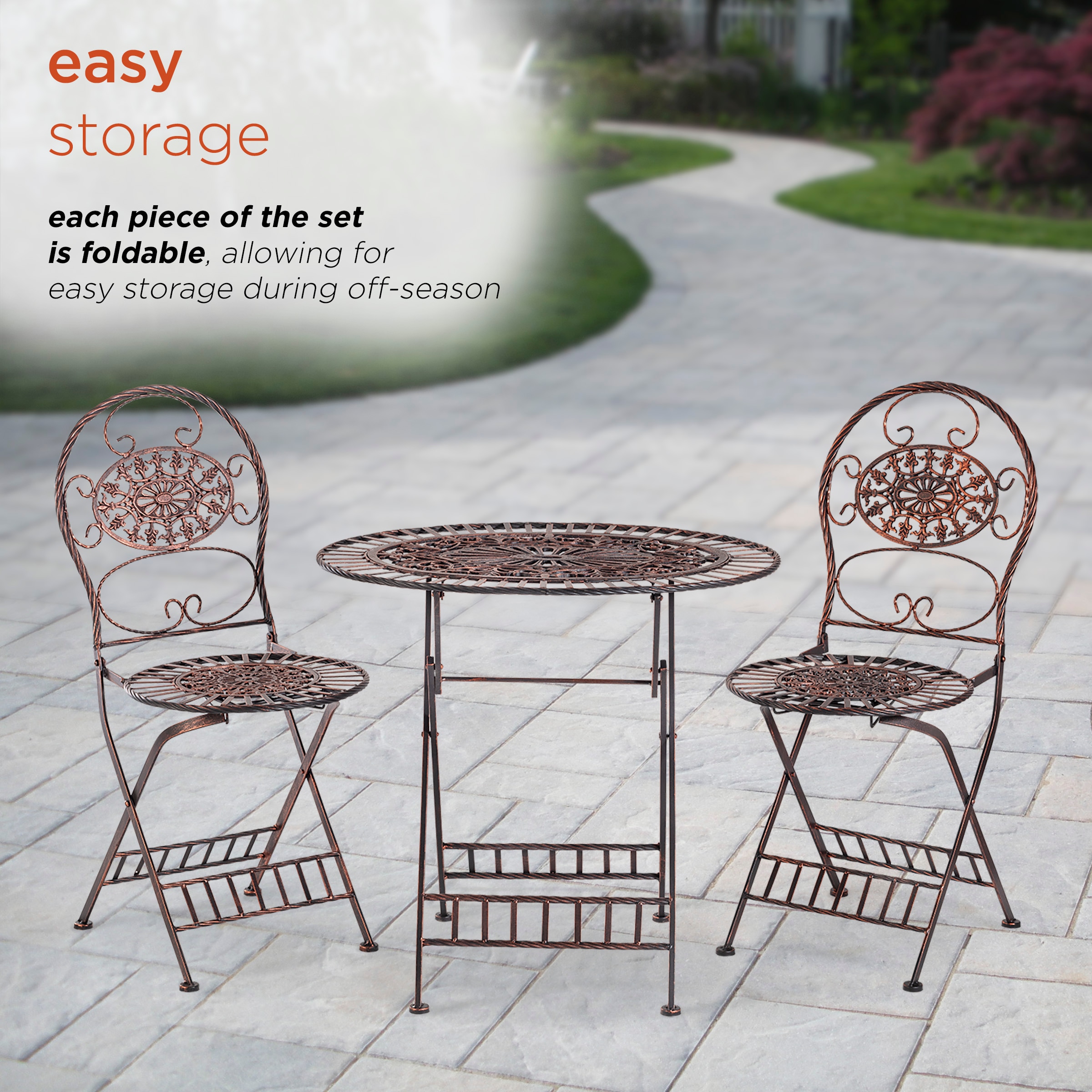 Bronze Floral 3-Piece Metal Outdoor Bistro Set