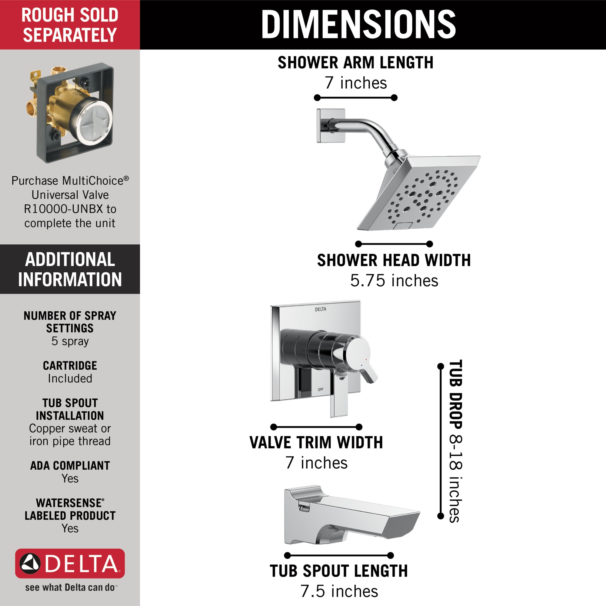 Delta Pivotal Lumicoat Chrome 2 Handle Multi Function Square Bathtub