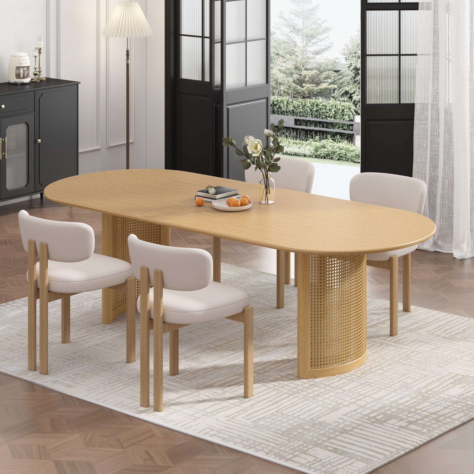 Wooakway 79 inch Solid Wood Oval Dining Table with Cane Weave Double ...