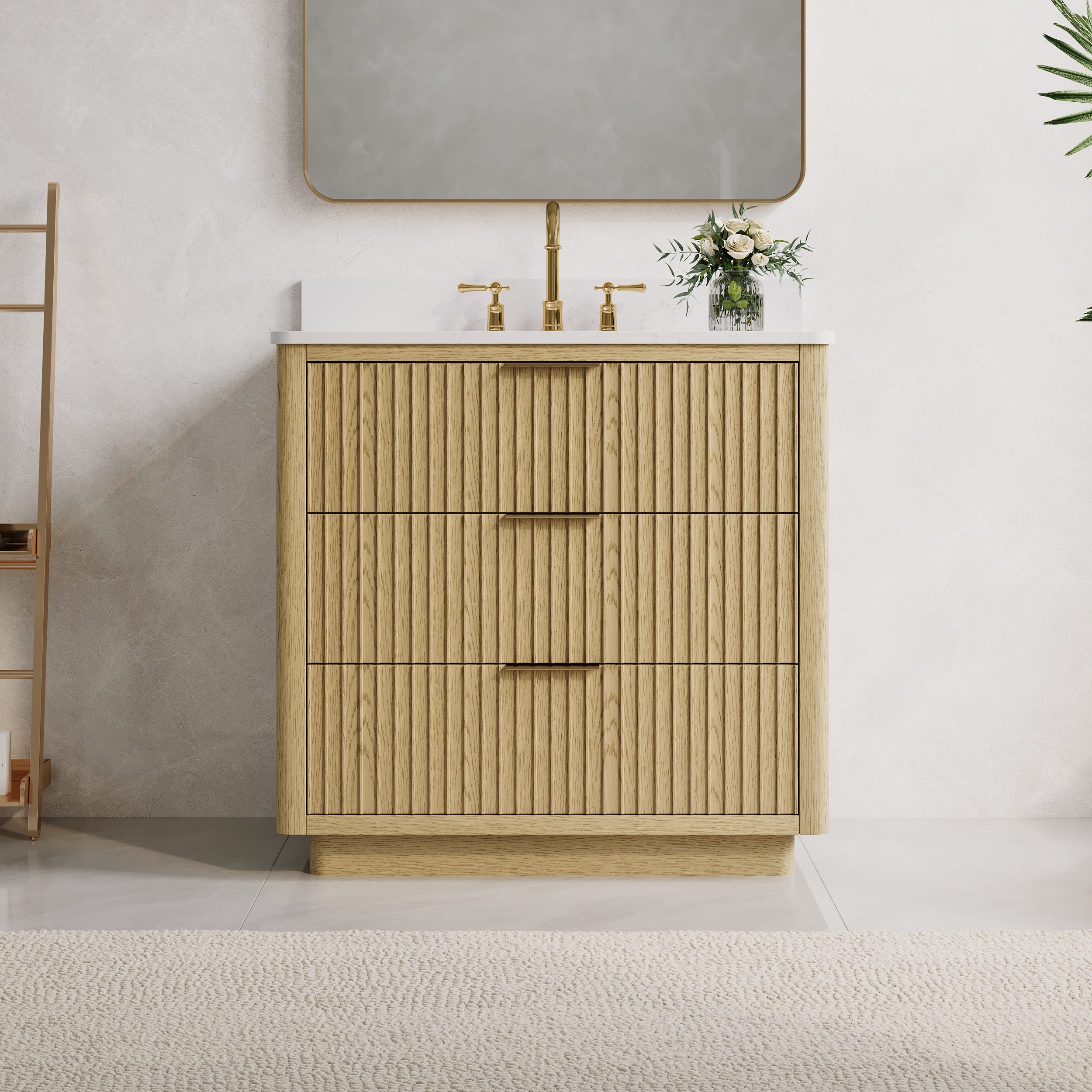 WELLFOR EX-VEBV36BU HAVEN Solid Wood Bathroom Vanity 36-in Oak Undermount Single Sink Bathroom Vanity with Carrera White Quartz Top