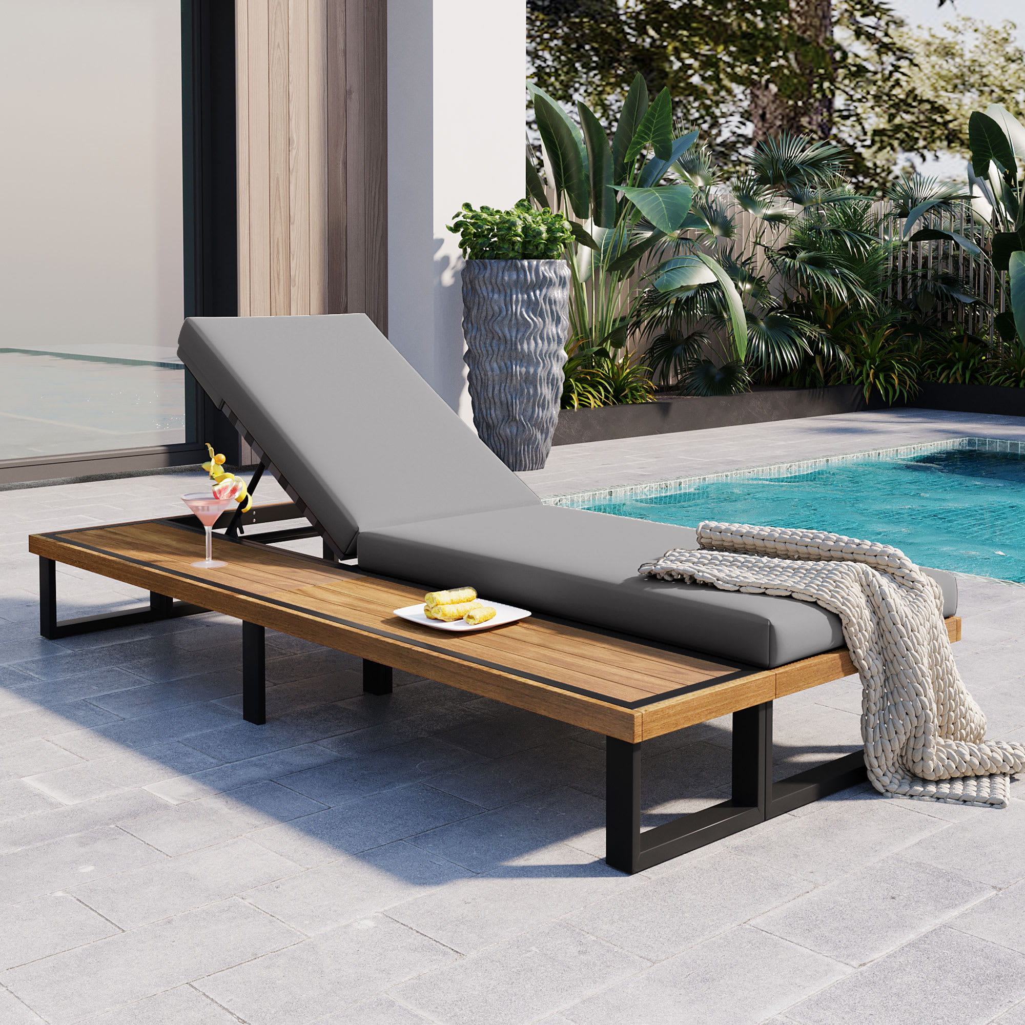 JUJABU DINSET-19 Gray Outdoor Chaise Lounge Chair with 6-Position Adjustable Backrest with Wood Side Table Sturdy Frame for Poolside