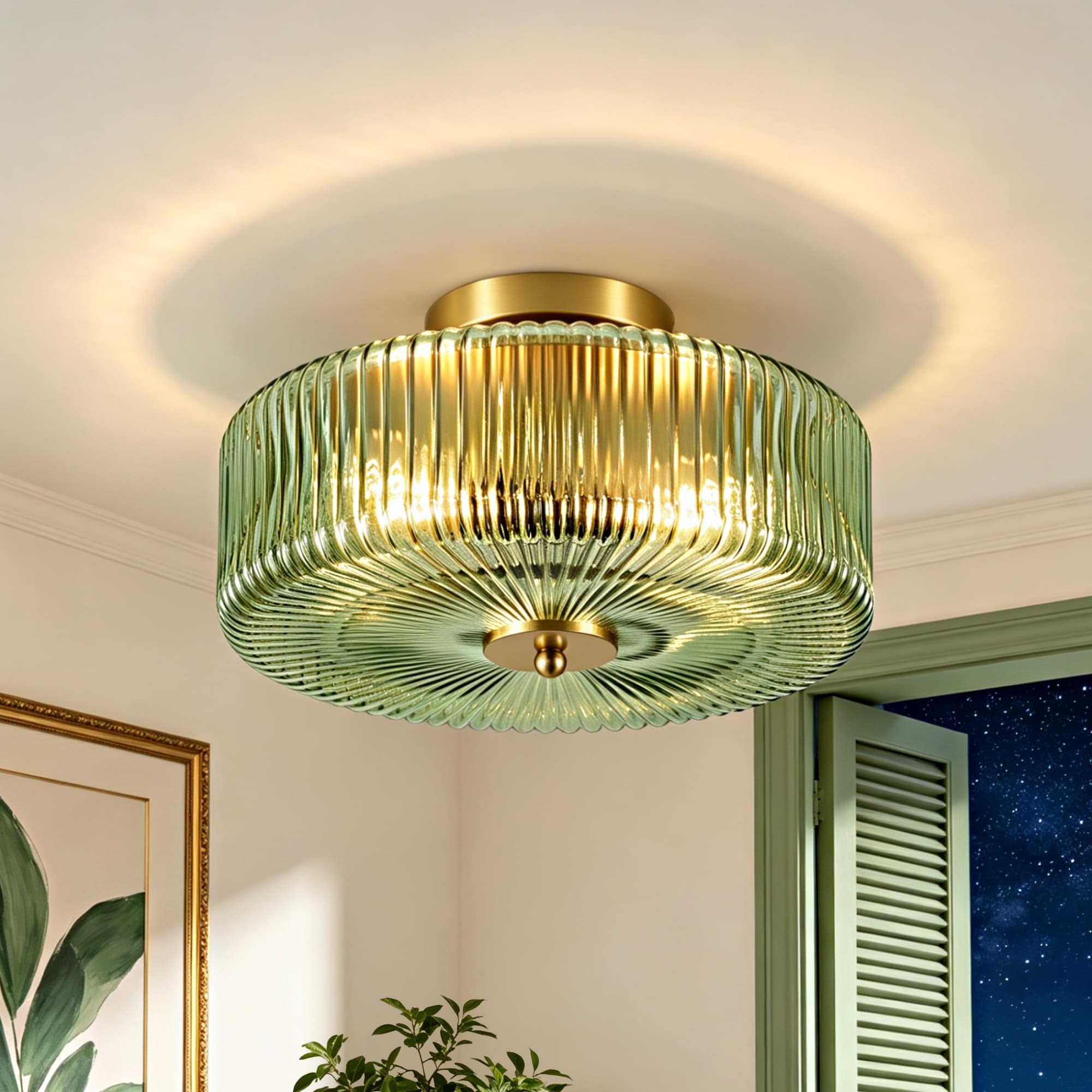 Lanmate  Green Flush Mount Light Round with Vertical Ribbed Glass Shade for Hallway Bedroom Kitchen Indoor Ceiling Decoration 11.81-in