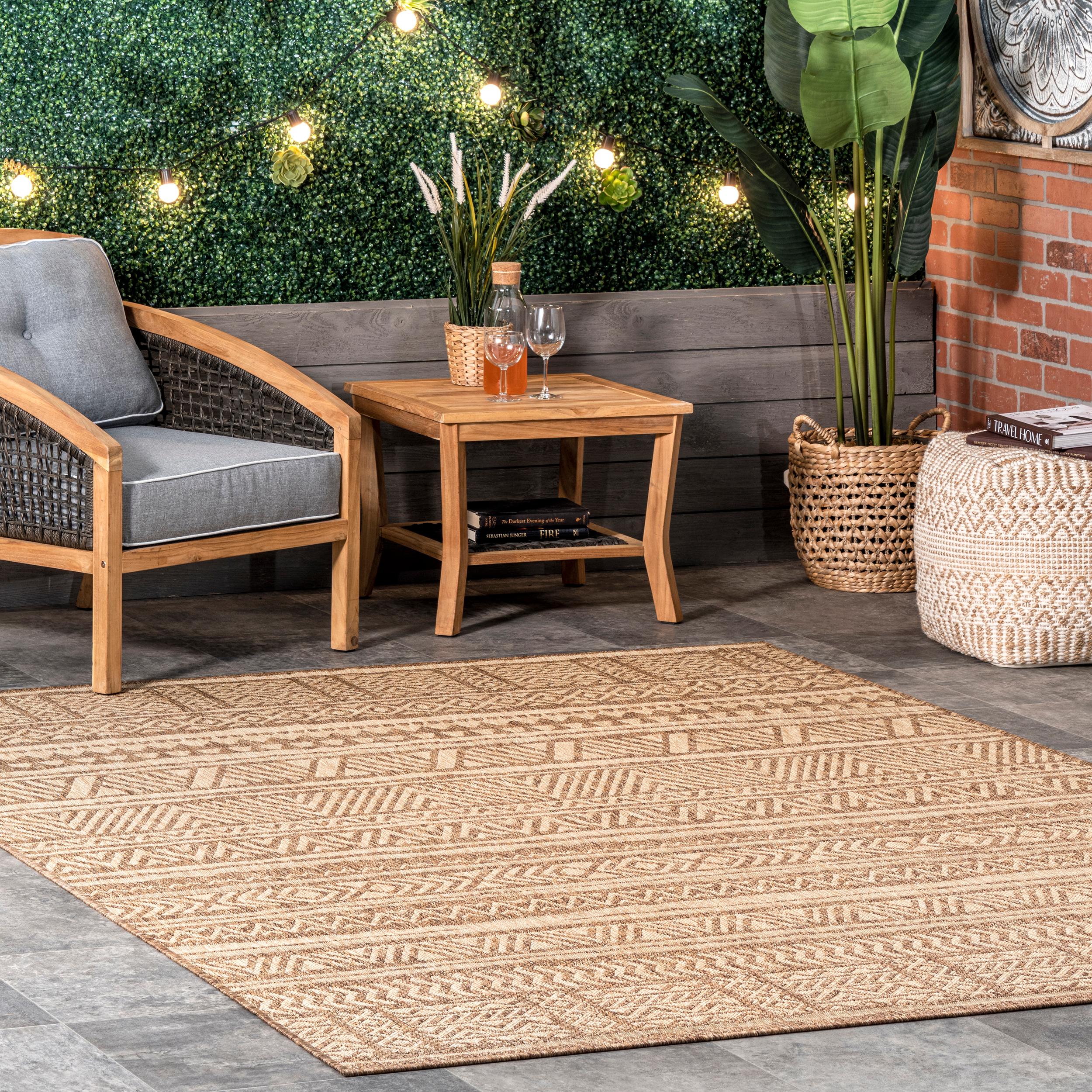 Beige Synthetic Striped Indoor/Outdoor Area Rug, 2' x 8'