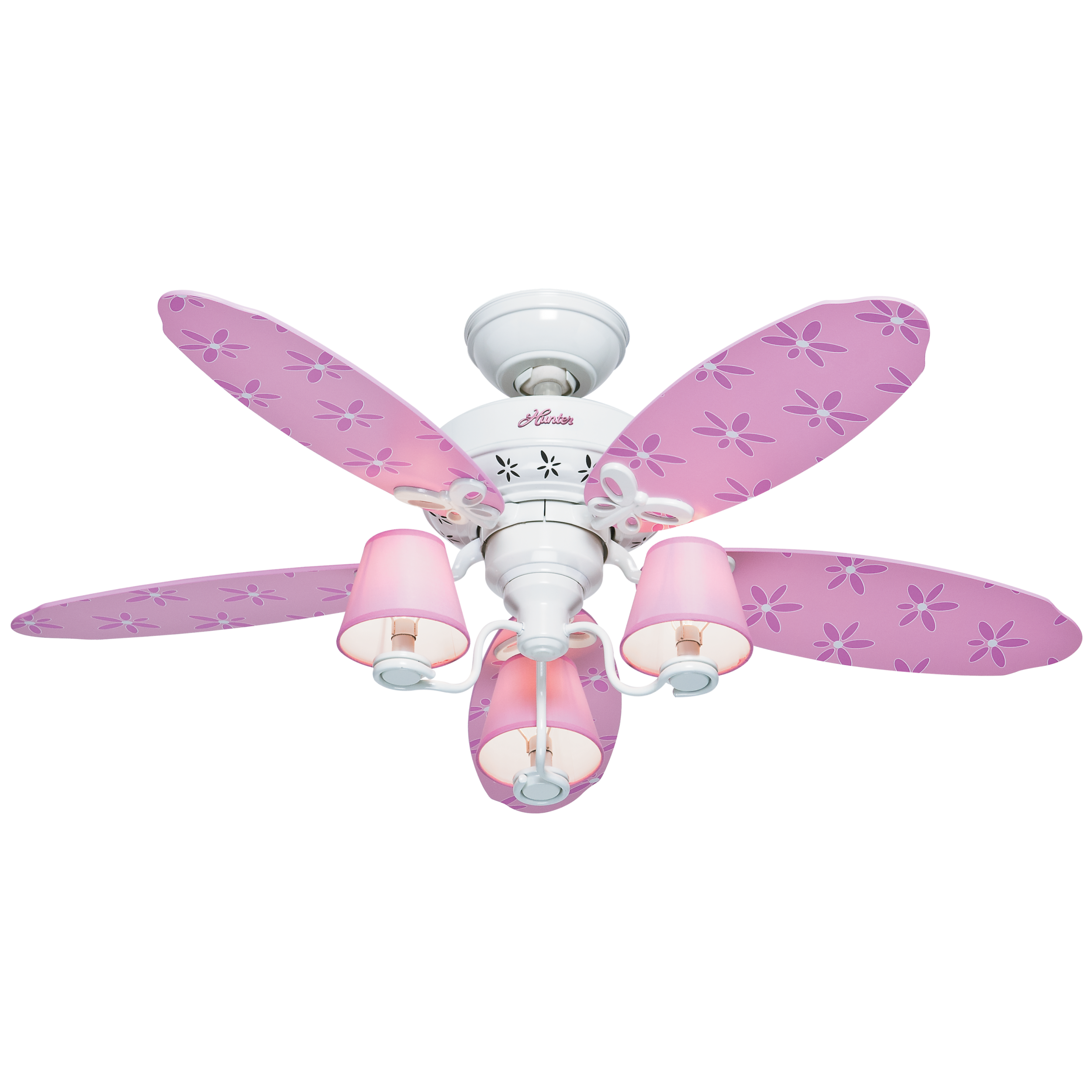 Hunter 51026 Dreamland174 44-Inches White and Pink with Pink Floral/Pink Blades Indoor Downrod or flush mount With Light ( 5 -Blade)