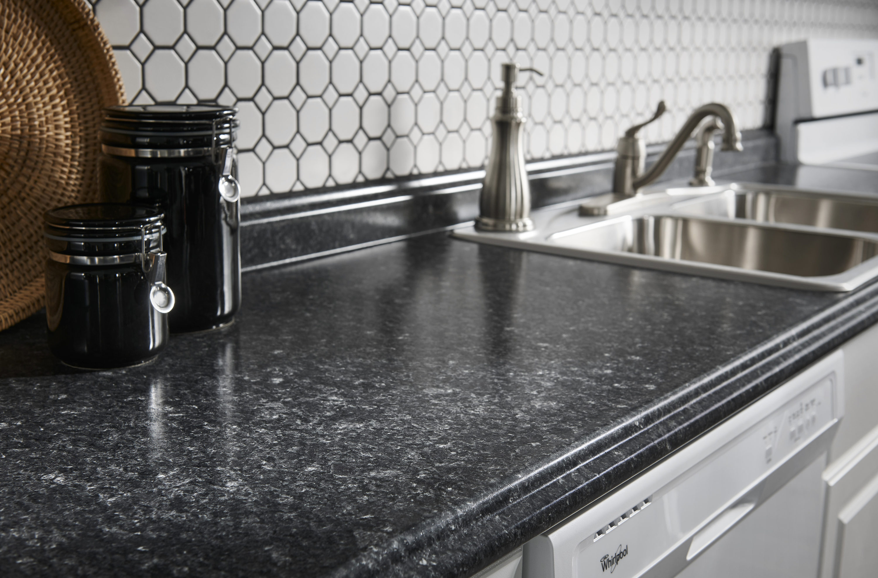 VT Dimensions 6-ft x 25.5-in x 3.75-in Midnight Stone, Etchings Laminate Countertop with Integrated Backsplash