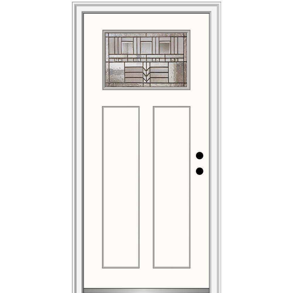 MMI DOOR ZZ3664295L 36-in x 80-in x 4-9/16-in Fiberglass Craftsman Left-hand inswing Alabaster Painted Prehung Front Door with Brickmould Insulating core