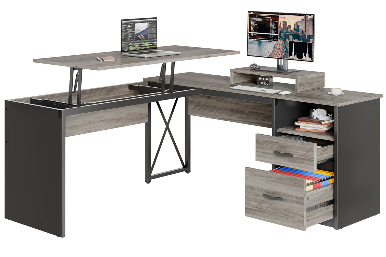 Bestier LOW-H100914E-GRYW 55.71-in W 2-Drawer Gray Computer Desk