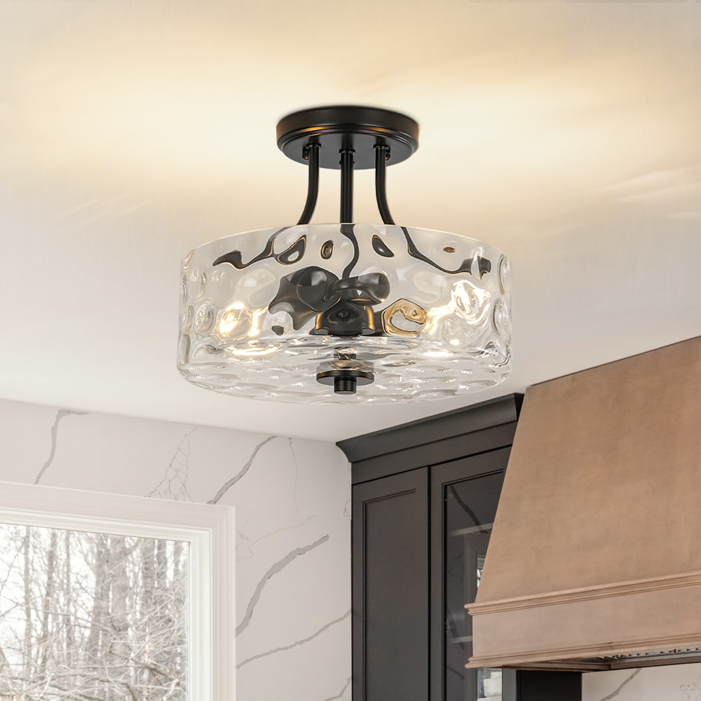 Zicbol 11.81-in Matte Black Indoor 2 -Light Semi-flush Mount Light with Water Glass