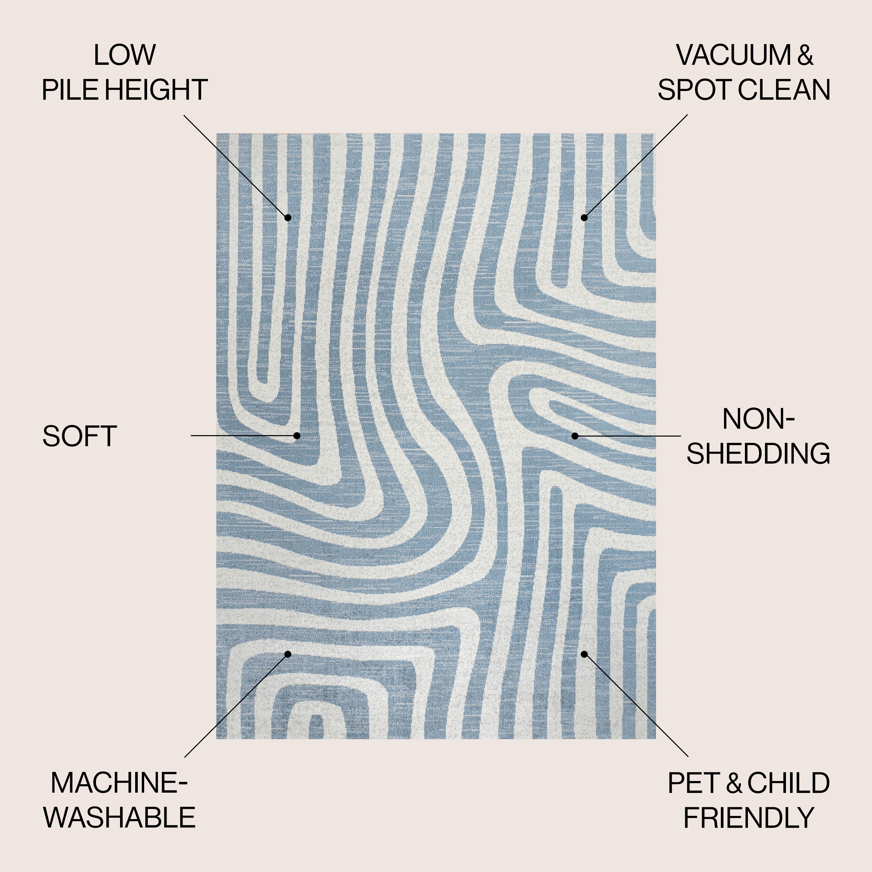 Blue and Cream Abstract Synthetic 4' x 6' Washable Area Rug