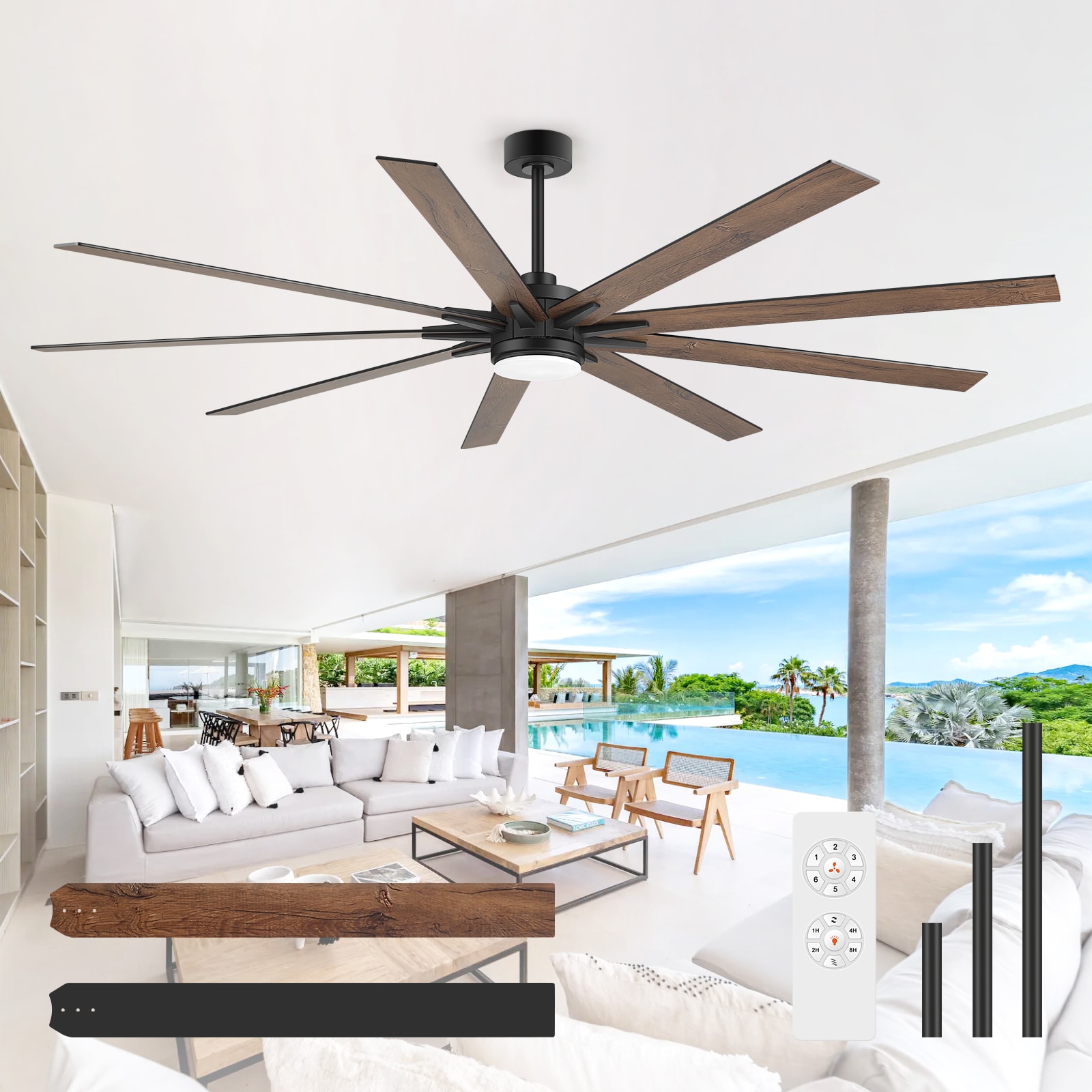 Breezary Windmill 84-in Black with Black and Rich Walnut Blades Color-Changing LED Ceiling Fan With Light and Remote Control Included 9 -Blade
